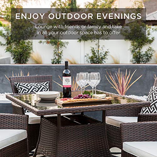 Image of Best Choice Products 5-Piece Indoor Outdoor Wicker Dining Set Furniture for Patio, Backyard w /Square Glass Tabletop, Umbrella Cutout, 4 Chairs - Cream