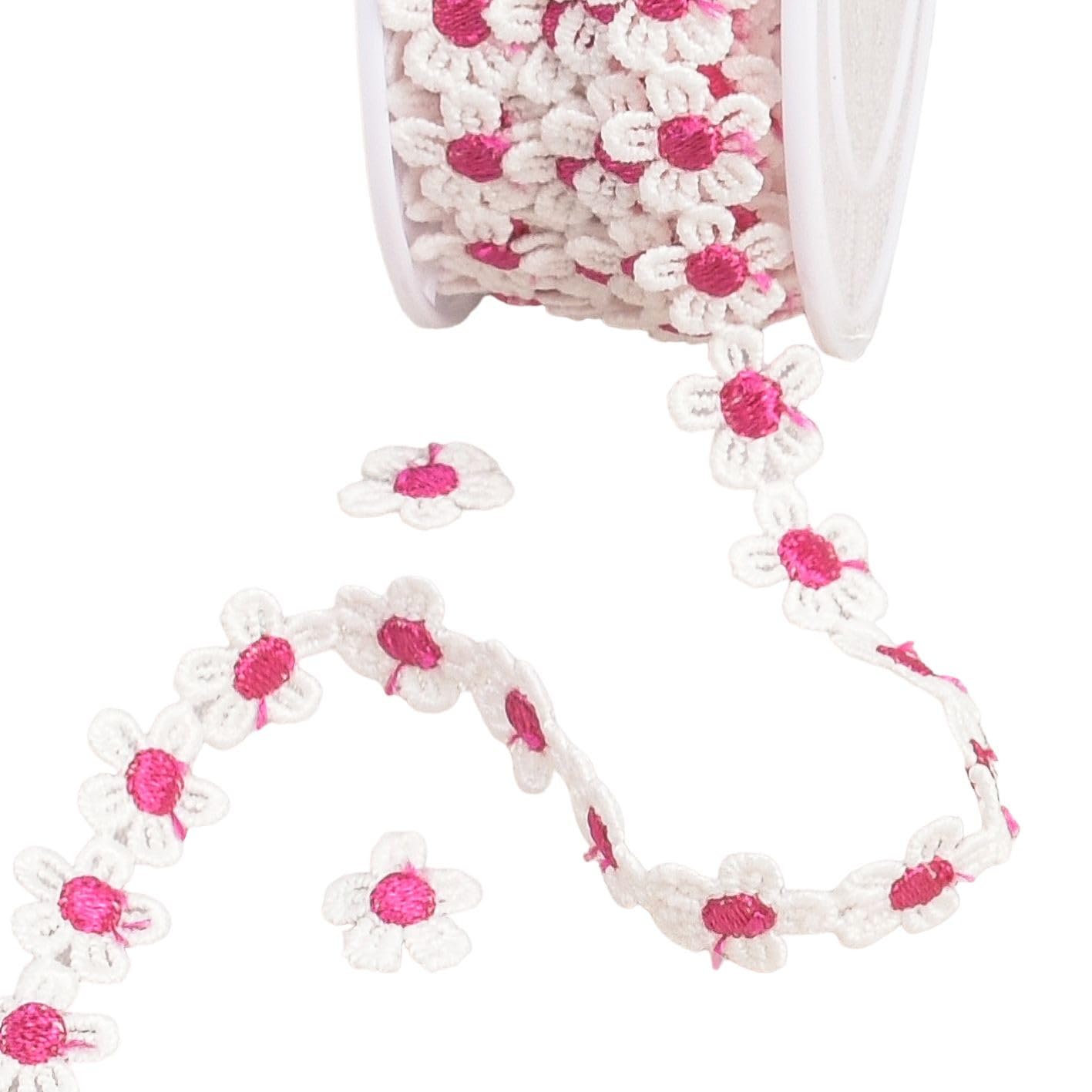 Guipure Marguerite 13mm Blanc/Fuchsia en bobine de 13,5m pour mercerie