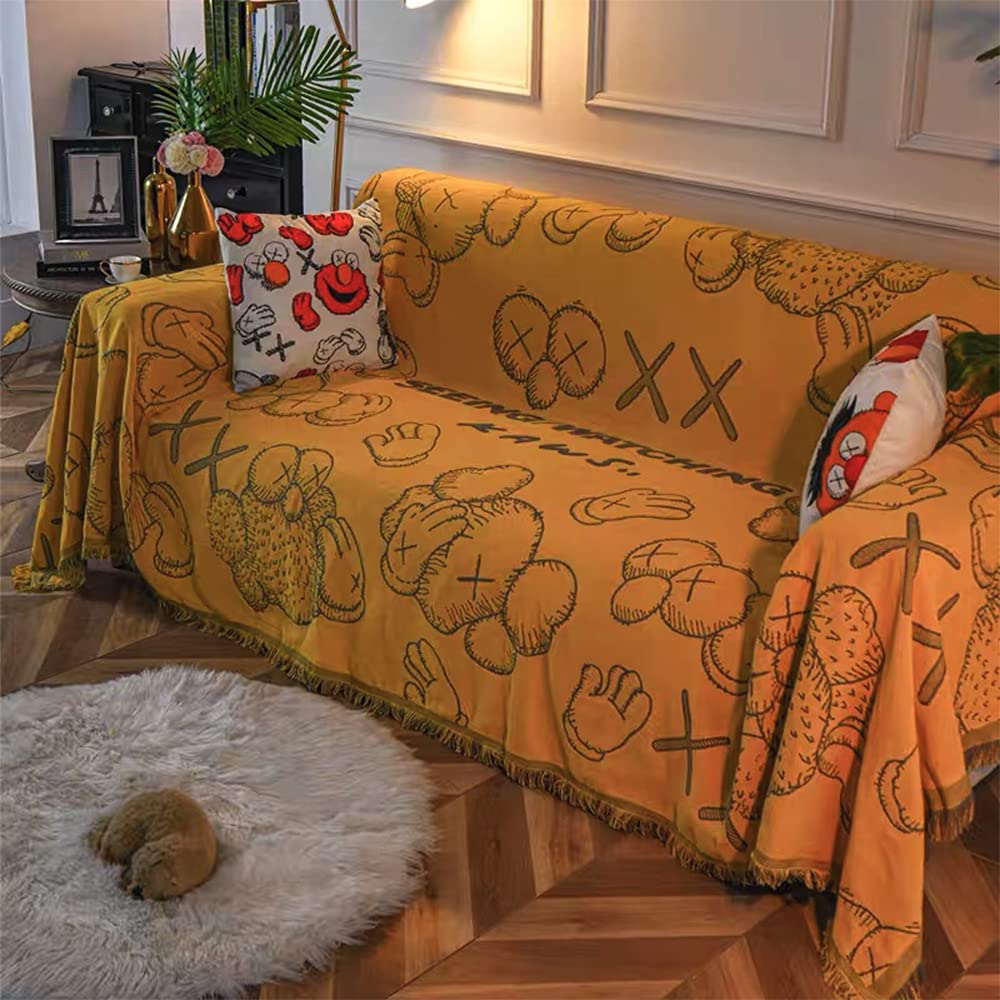 Throw Blanket Sofa Cover for Couch Bed Chair Recliner Tapestry Double-Sided Reversible Woven Cotton Knit Home Decor Loveseat Rug Tassels Yellow Grey (50×70)