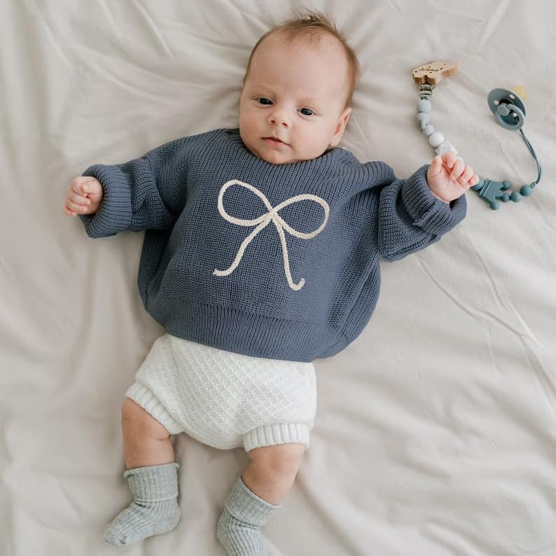 Toddler Baby Girl Knit Sweater Bow Embroidery Chunky Sweatshirt Tops Oversized Warm Christmas Fall Winter Clothes (Blue, 12-18 Months)