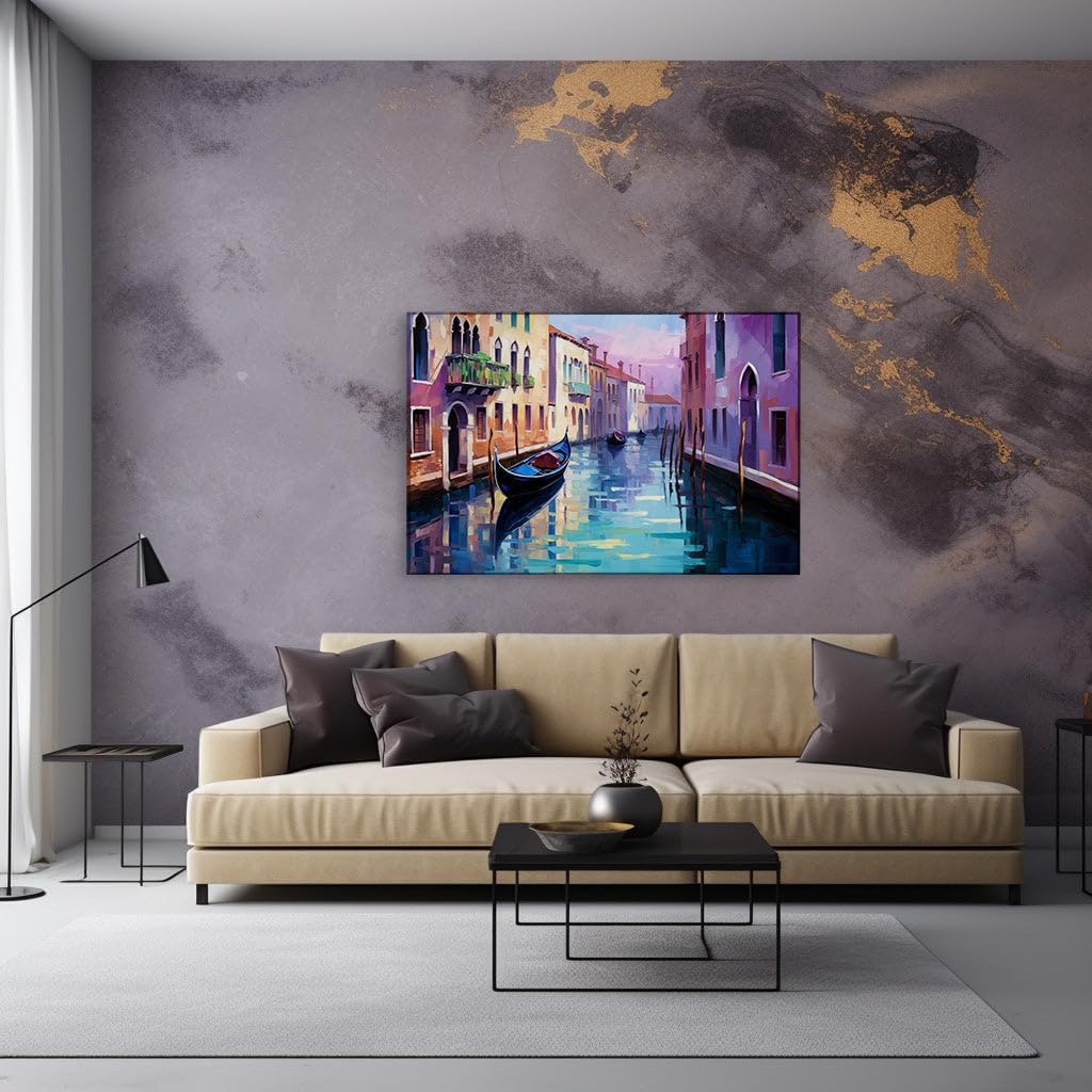 Canvas for Living room. Venetian Elegance: Serenity of Blue Gondolas Between Colorful Canals at Dusk, 27 x 18 inch Canvas Wall Art - Contemporary Masterpieces - Modern Home Decor