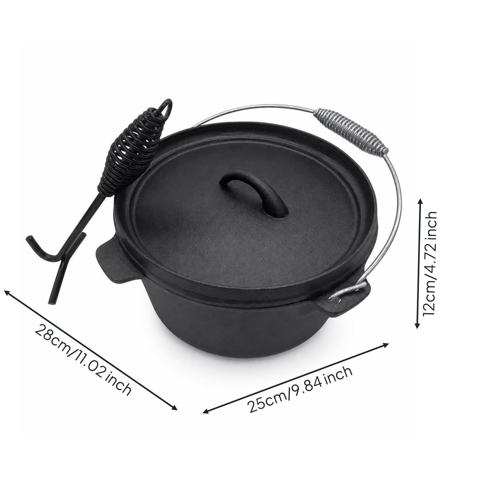 Colcolo Olla de Hierro Fundido Olla de Guiso Cazuela Caldero con Tapa y Asideros Laterales Incluye Gancho para Manipular la Tapa sin Recubrimiento Adecuada
