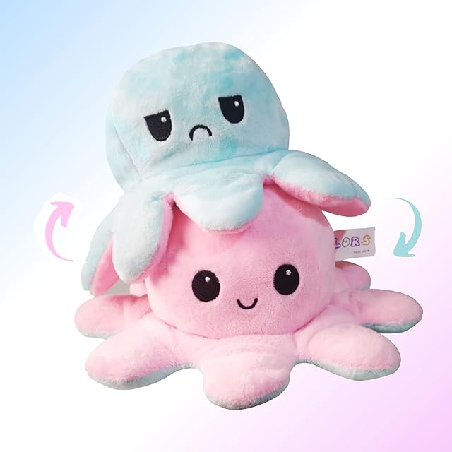 COLORS Reversible Octopus Plush Stuffed Animals - Flippy Octopus Plushie - Mood Octopus reversible plushie uk - Happy sad octopus toy shows emotion without saying words!,Blue,20cm