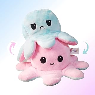 COLORS Giant Reversible Octopus Plush large - Happy and Sad Moody octopus Stuffed toy- Big size 40cm Octopus Plushie Reversable teddy - Flip peluche shows your true Emotion! (Baby Pink Blue 40cm)