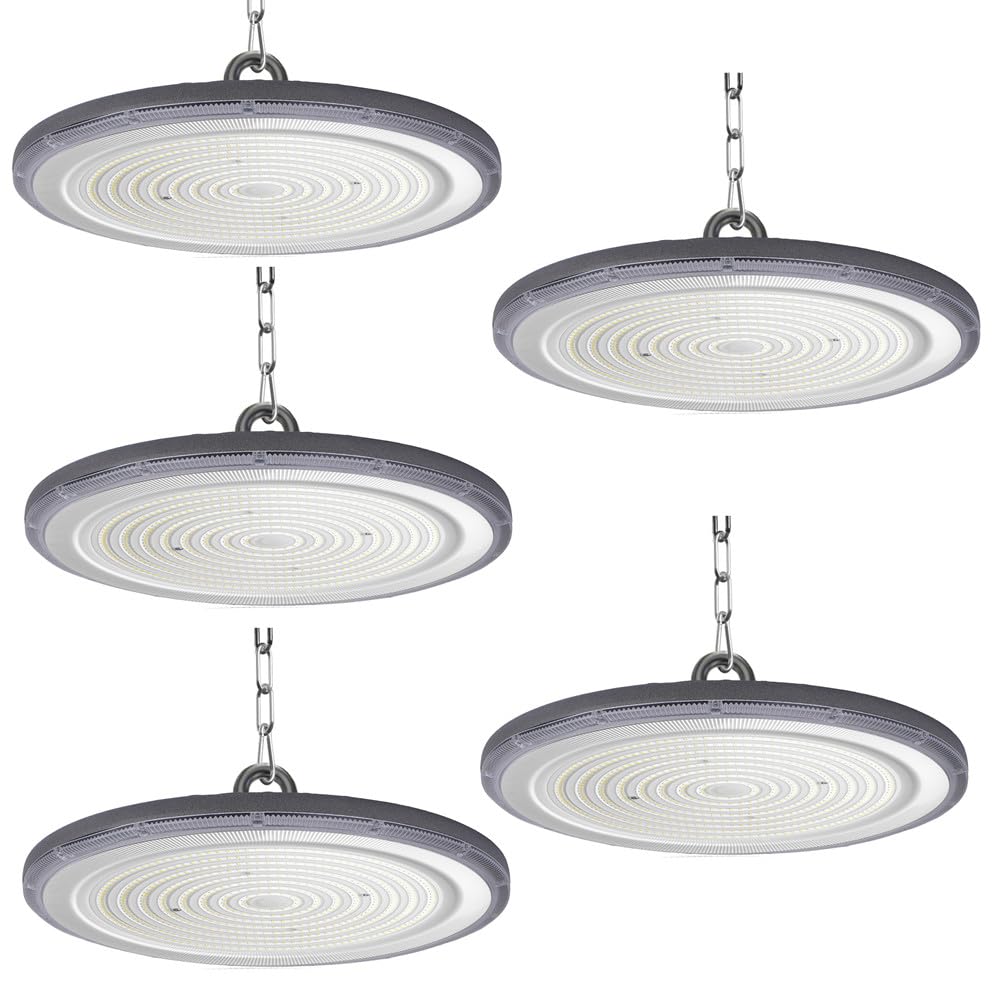 JBdusn 300W LED High Bay Light 5pcs, 6500K UFO Industrial Spotlight Workshop Ceiling Light with Chain, IP65 Waterproof Hall Lamp Spot Ceiling Lighting for Factories, Garages, Warehouses
