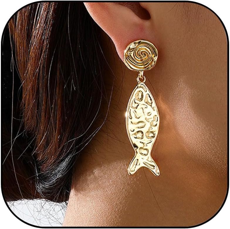 Gold Fish Earrings for Women Dainty Fish Conch Drop Earrings Ocean Animal Earring Trendy Summer Vacation Jewelry Gifts for Women