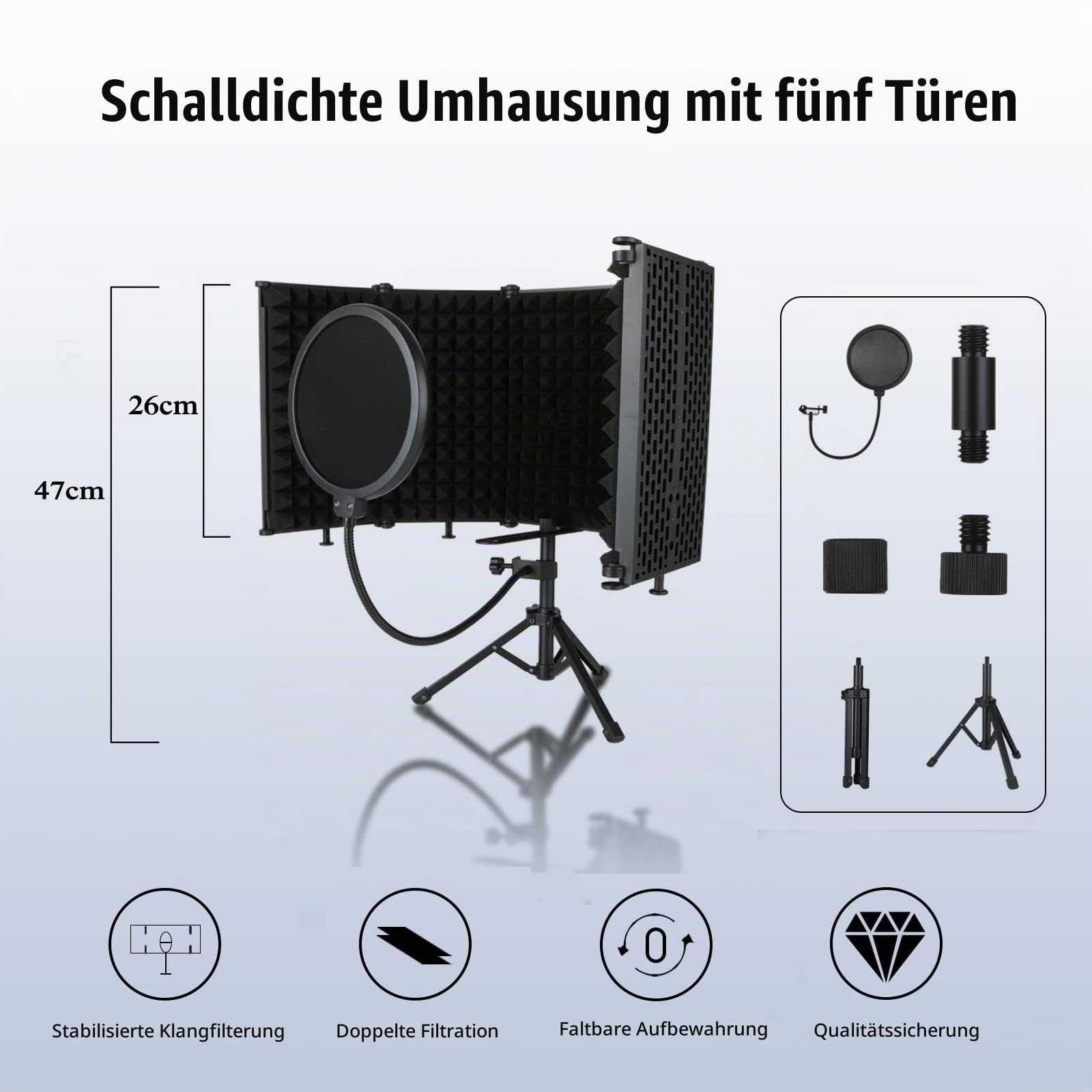MIVIDE Faltbarer Mikrofon-Isolationsschirm, Mikrofon Isolationsschild Set | Akustischer Schutz mit Pop-Filter und Stativ, 5 Faltbare Schaumabsorbierende Paneele für Lärmschutz und Wind (schwarz)
