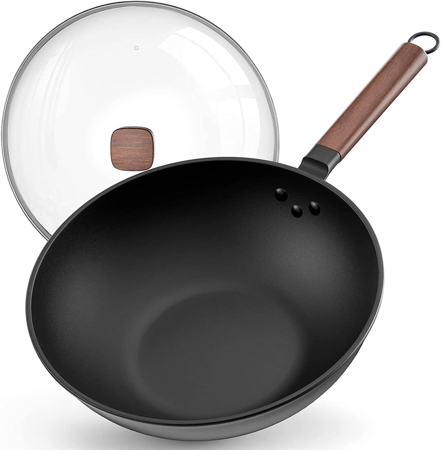 Carbon Steel Wok Pan, 13 Inch Wok Pan with Lid Woks, Nonstick Woks and
