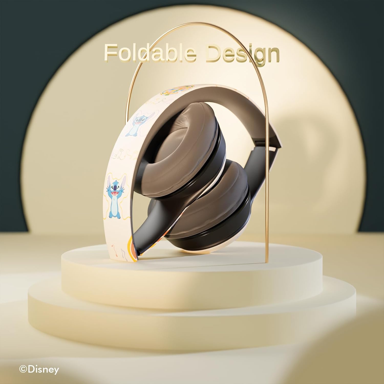 Headphones in a folded position, demonstrating their compact design