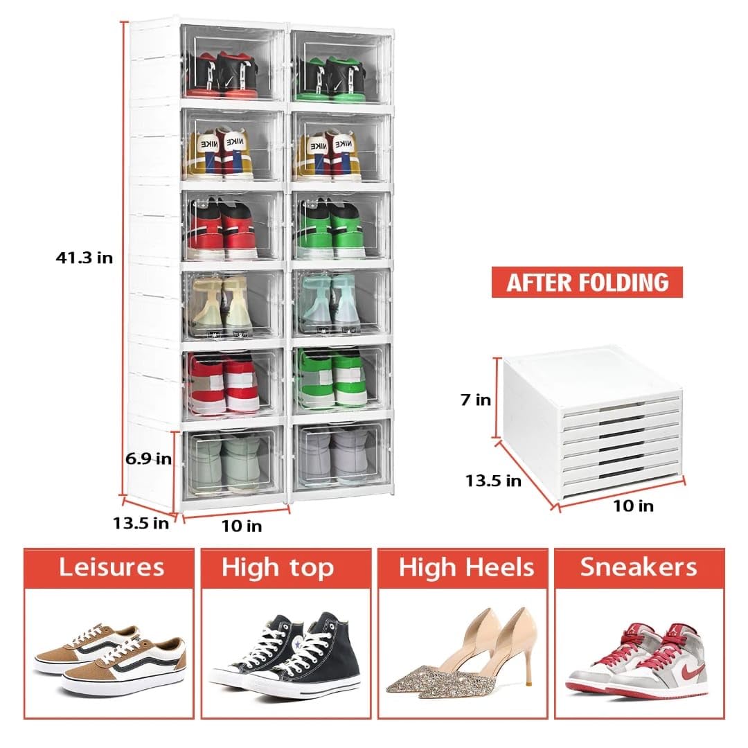 Transparante schoenendozen, schoenenorganizer van kunststof, 6 opbergdozen van transparant hard plastic, stapelbaar schoenenrek met magnetische deur, organizer voor schoenen en kledingkast