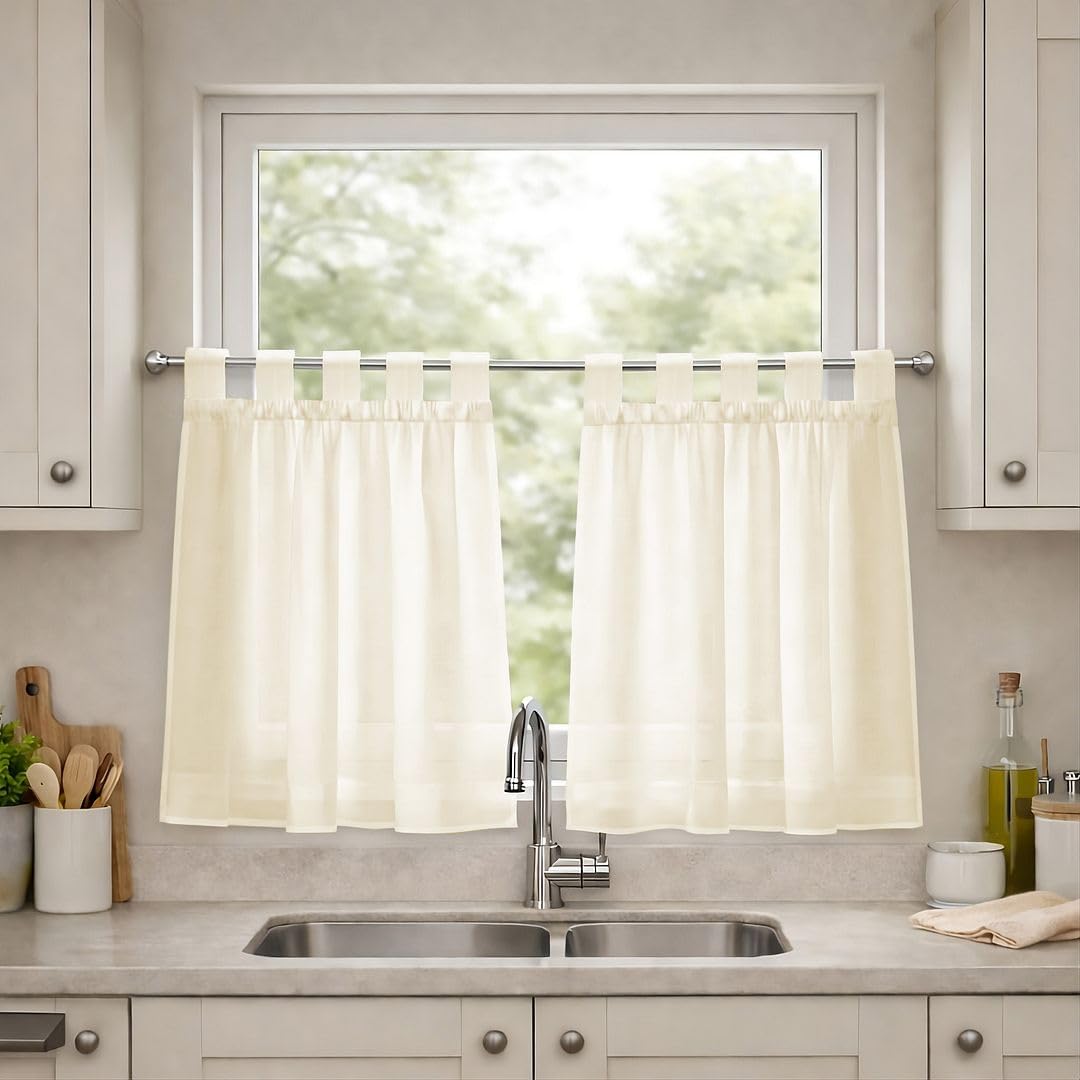 John Aird Lucy Voile Cafe Curtains - Tab Top - Pair Net Curtains - 2 Panels (Cream, W 28" x L 18")