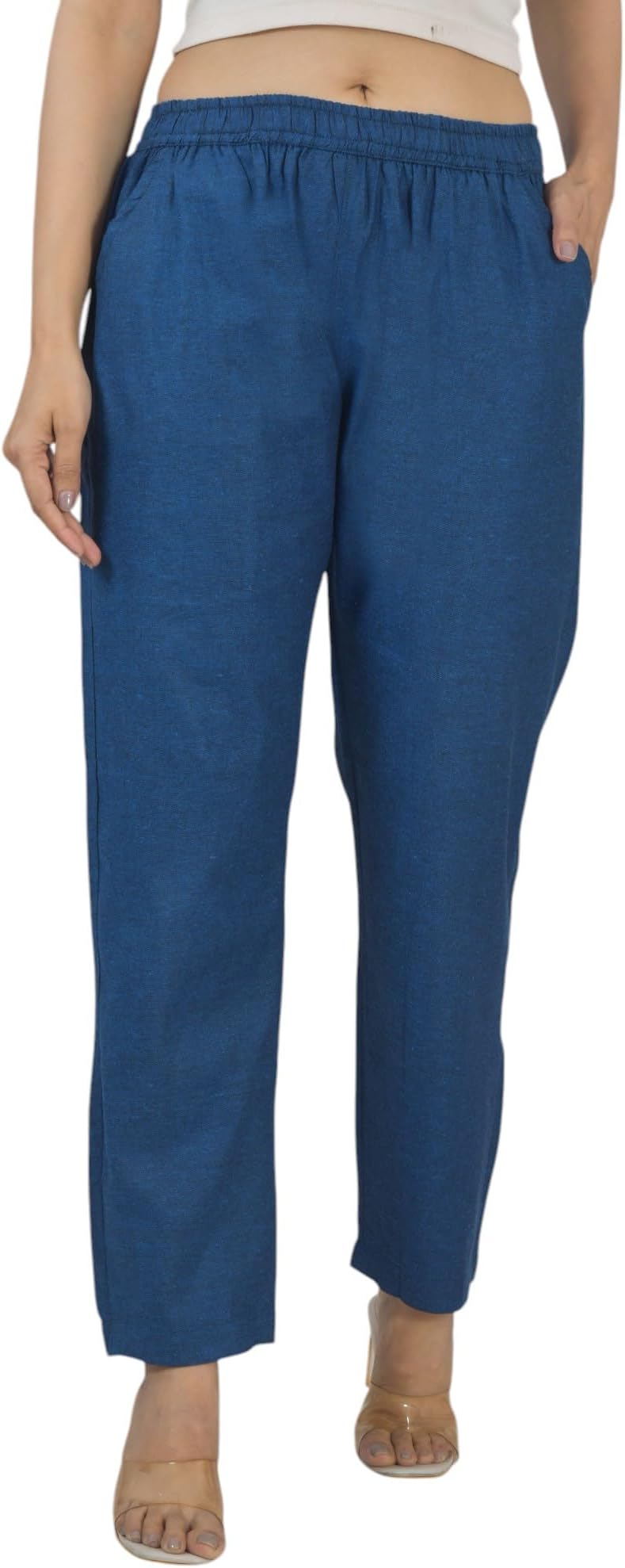 Qashida Women's Cotton Linen Pants, Regular Fit, Fully Elasticated, 2 Side Pockets