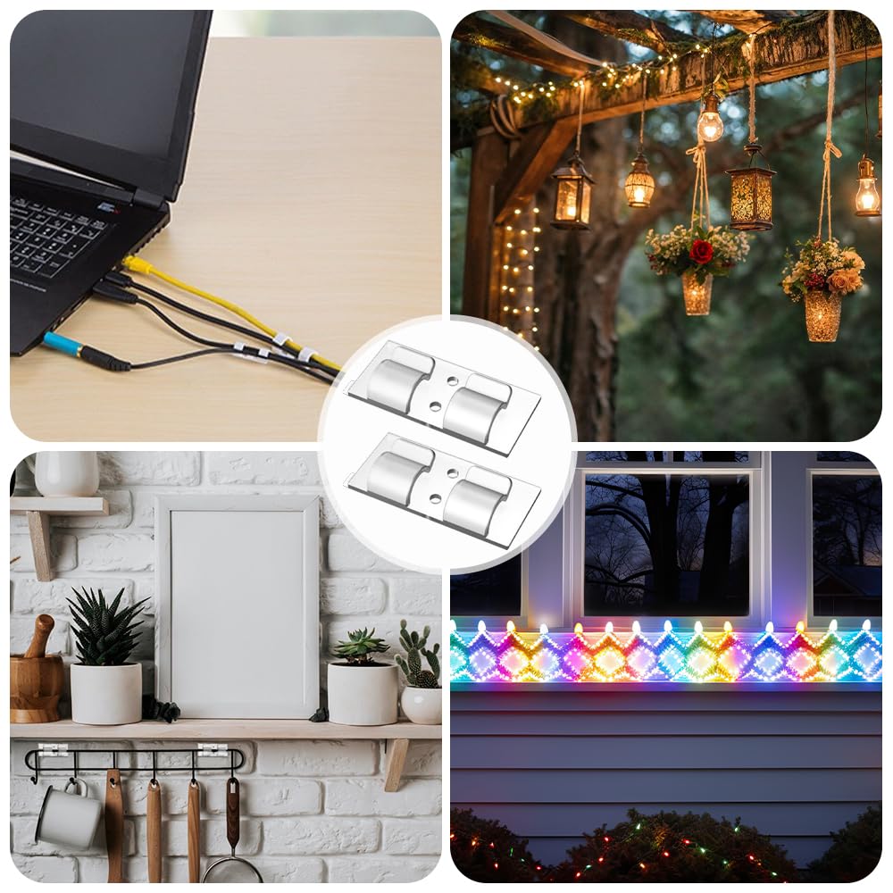 50 Piezas Ganchos para Luces de Interior y Exterior Clips para Cables Adhesivos Transparentes Organizador de Cable Autoadhesivo para Luces de Cadena al Aire Libre