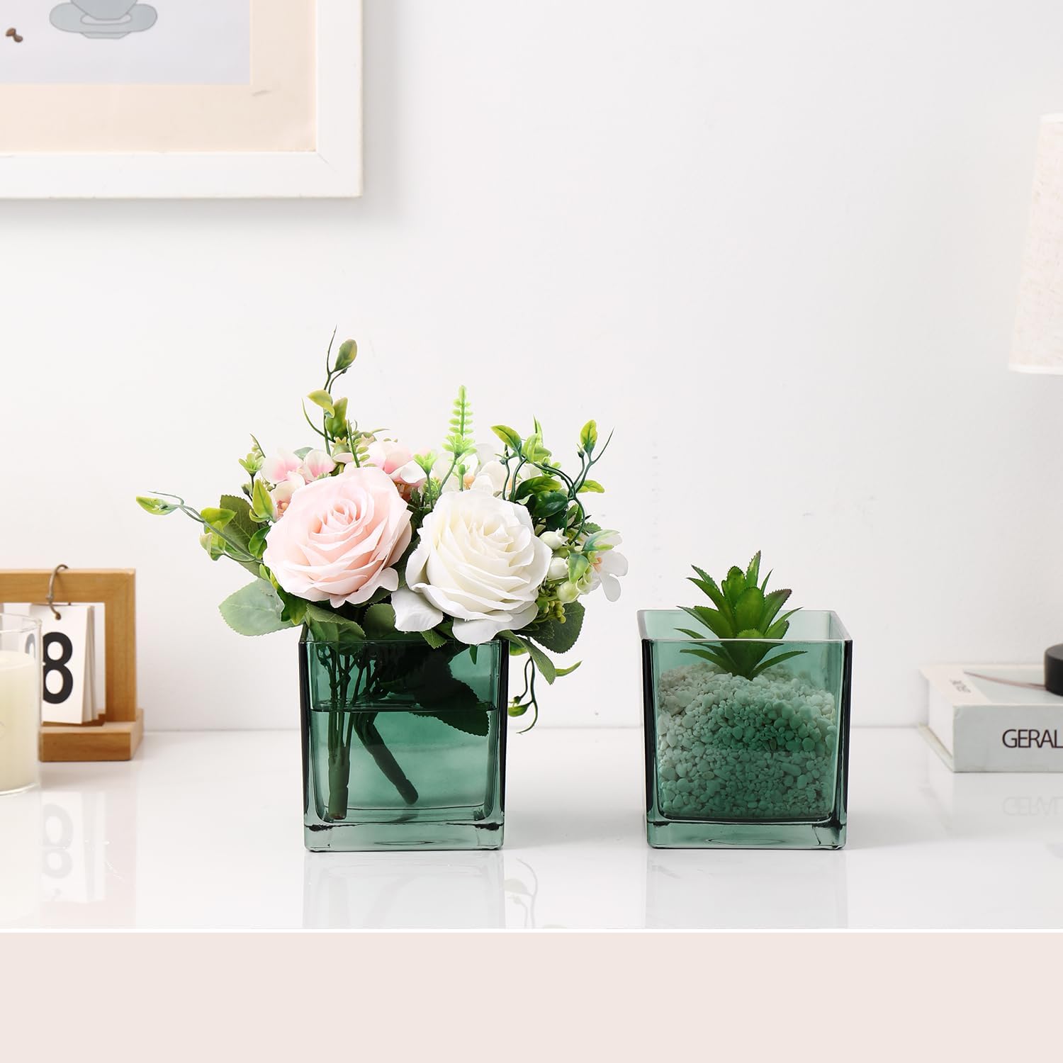 Square Glass Vases Set of 4, 4"x 4"x 4" Flower Vases for Centerpieces, Green Glass Vase for Flowers, Small Vase for Wedding, Party, Home Office Decoration - Image 4