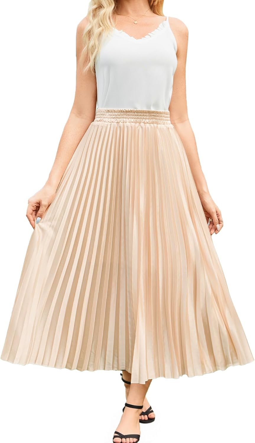 Flygo Pleated Skirts for Women Elastic High Waist A-Line Midi Skirt Casual Flowy Swing Pleated Skirt - Image 4