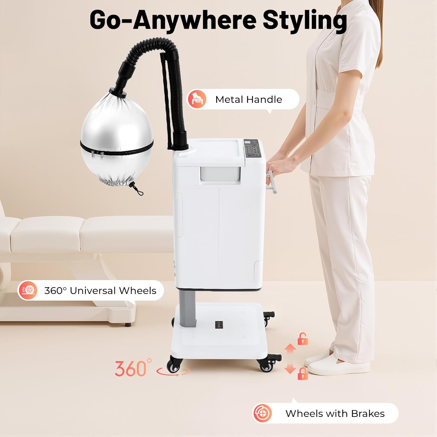 Vertical Nano Hair Steamer Machine, 6 Modes Multifunctional Anion Dyeing Machine with 4 Wheels & 2 Steamed Hats, 500W Hair Color Processor with 33.82 Oz Removable Water Tank for Home, Beauty Salon - Image 5