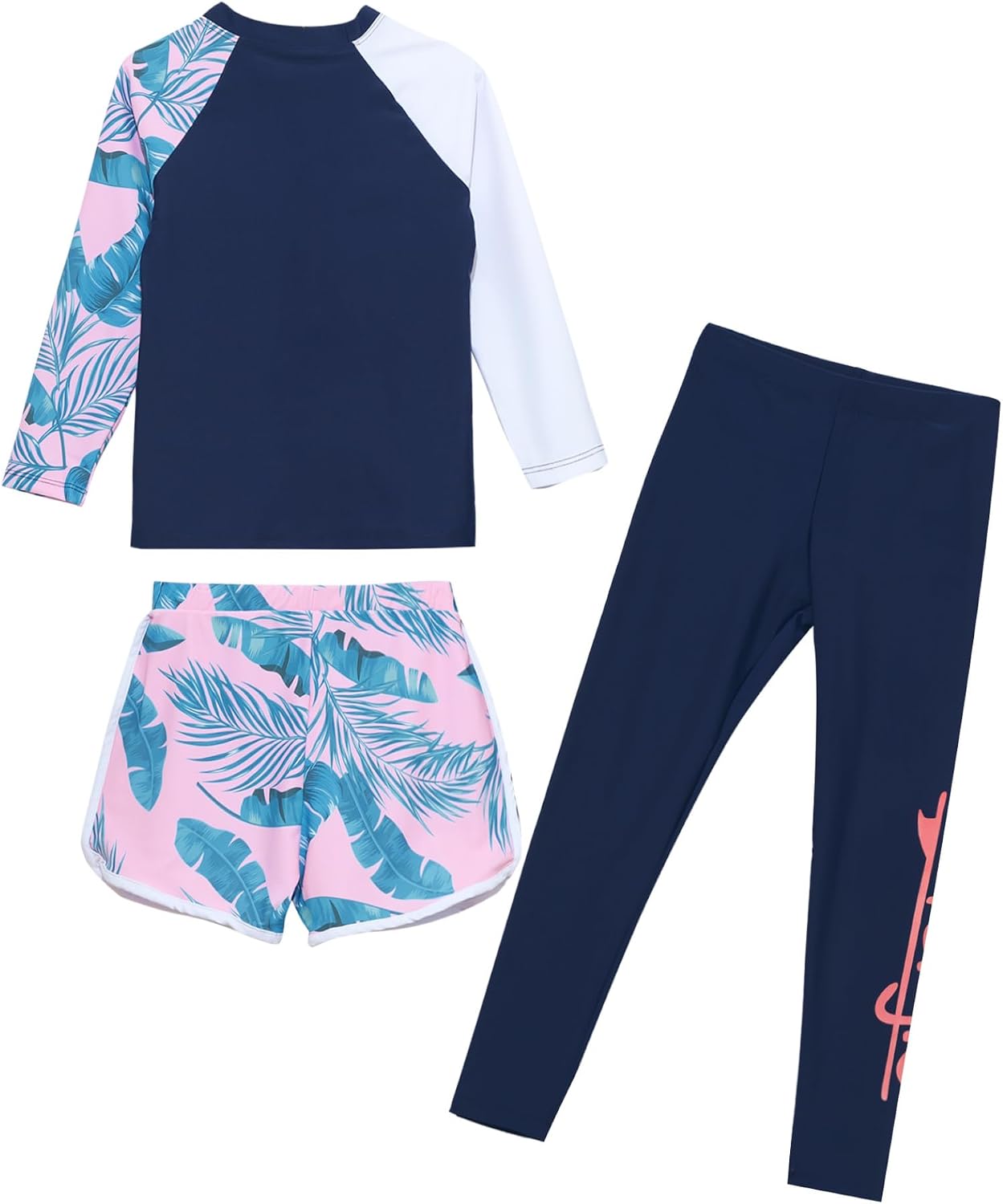 Girls Rash Guard 3 Piece Swimsuit Long Sleeve Swim Tops with Pants Bottoms Swimwear Set for Summer