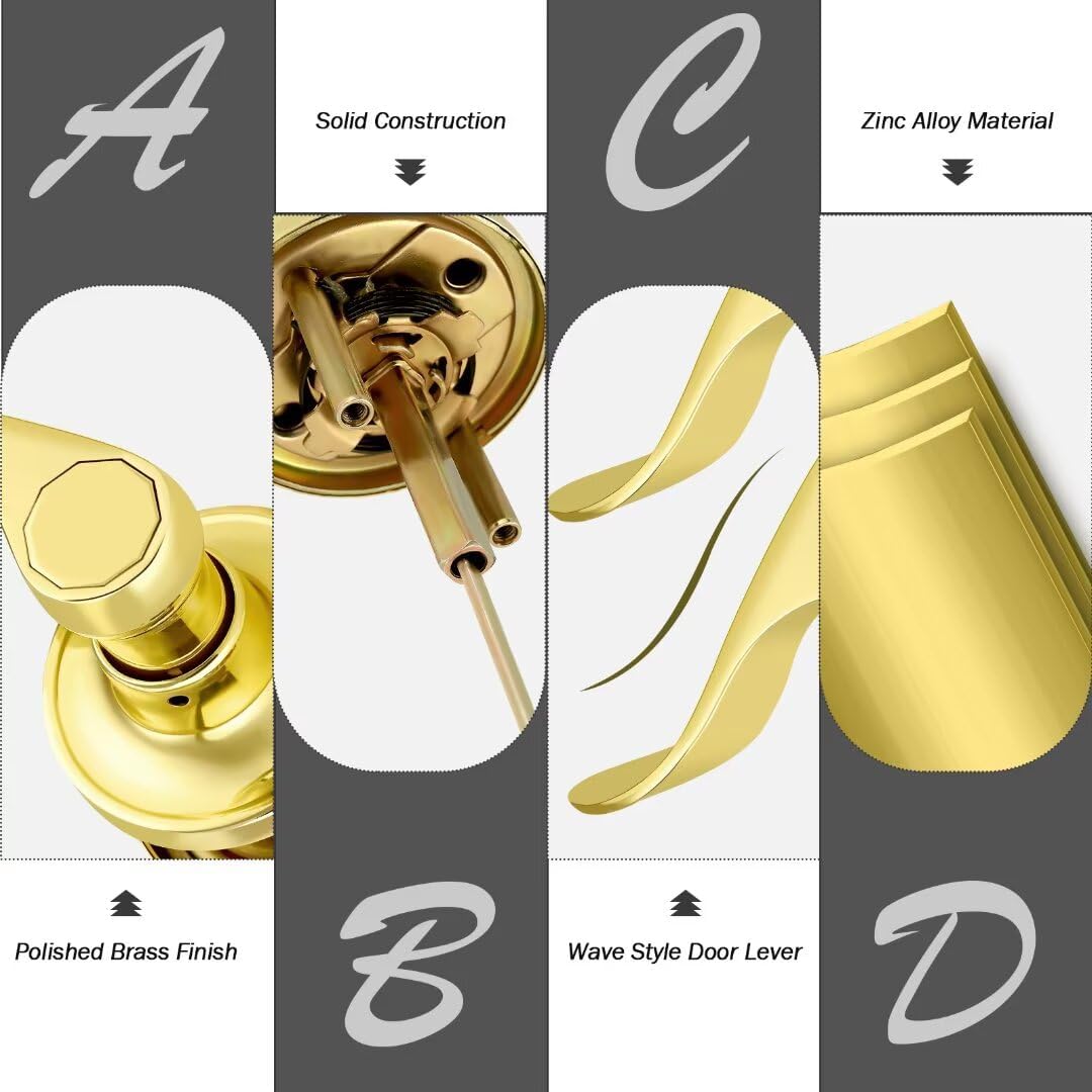 Door Handles Interior for Hallway and Closet, Polished Brass Door Knobs Non-Locking, Passage Door Knob, Reversible Door Handle, 6 Pack, Zinc Alloy