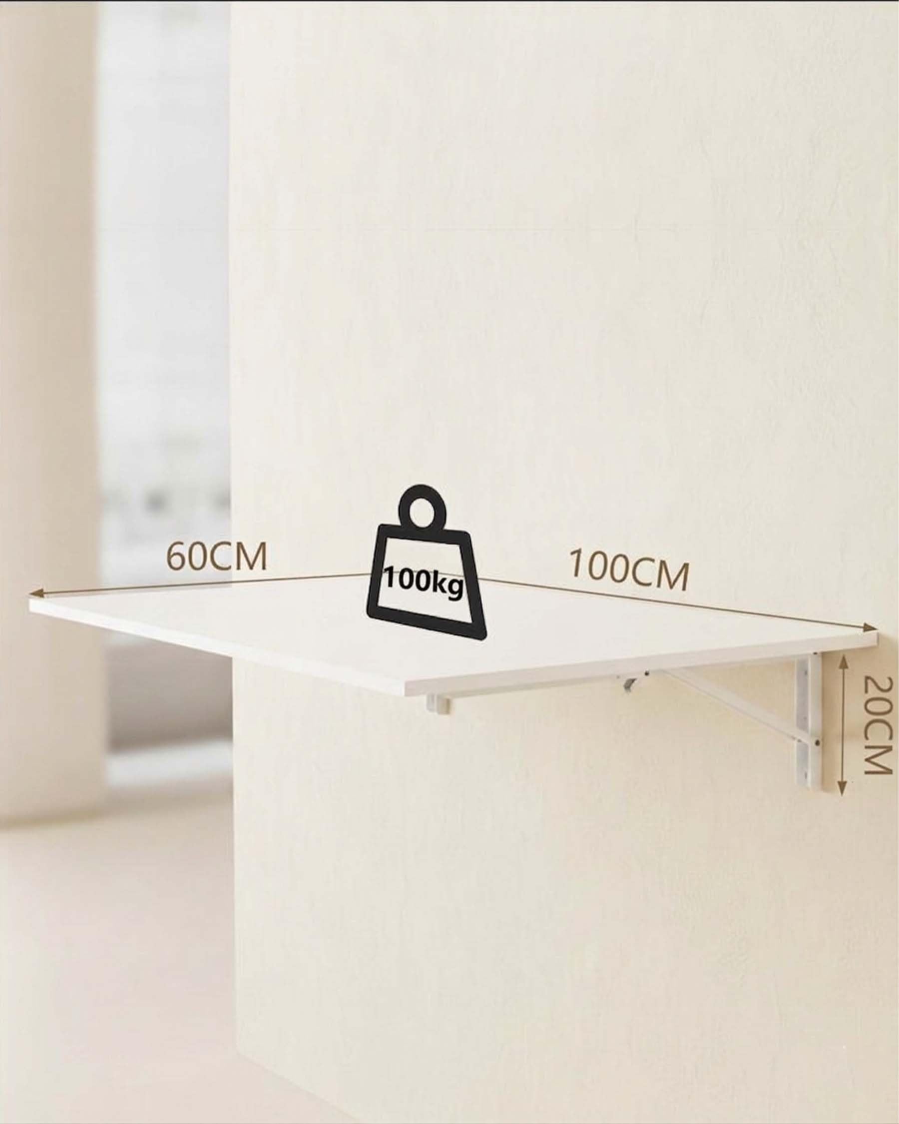 Table murale pliante 100 x 60 cm - Table murale pliable et peu encombrante - Pour bureau, cuisine, buanderie, montage mural - Blanc