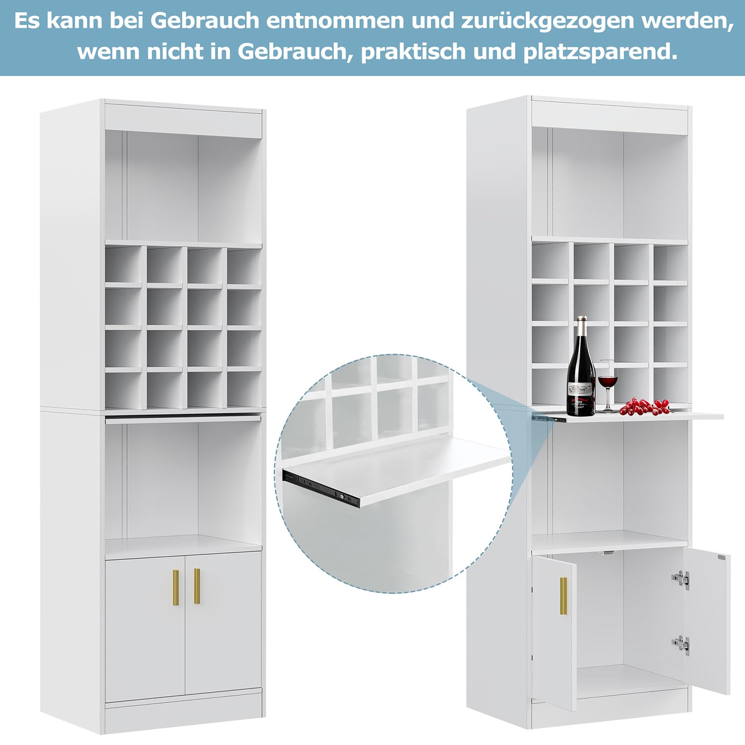 Armario de cocina 180 x 50 x 40 cm, armario de vitrina con 2 puertas, armario alto con 16 compartimentos para vino, estantería para salón, comedor (blanco)