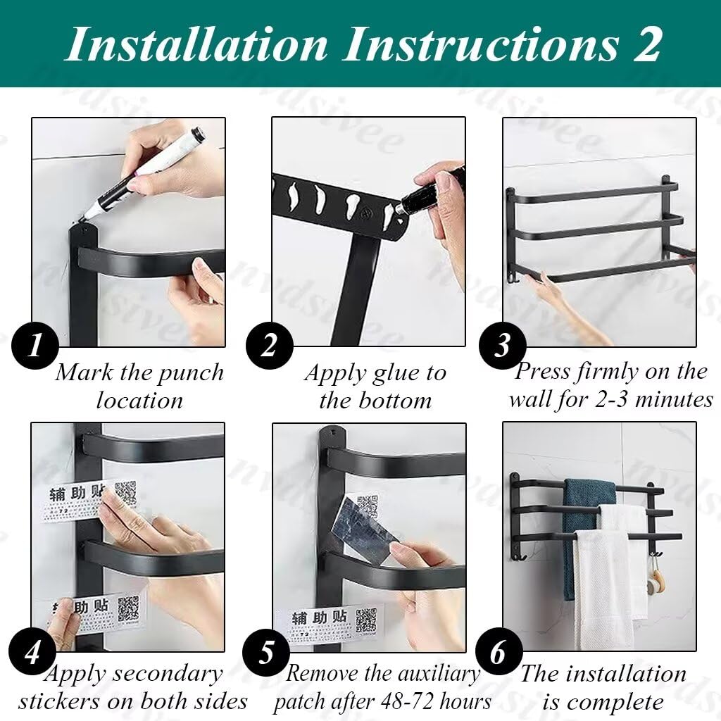 Porte Serviette Salle de Bain sans Percage Porte-Serviettes Murale Noir avec 2 Crochets Barre Serviette en Aluminium Cuisine Noir 3 Couches 60cm