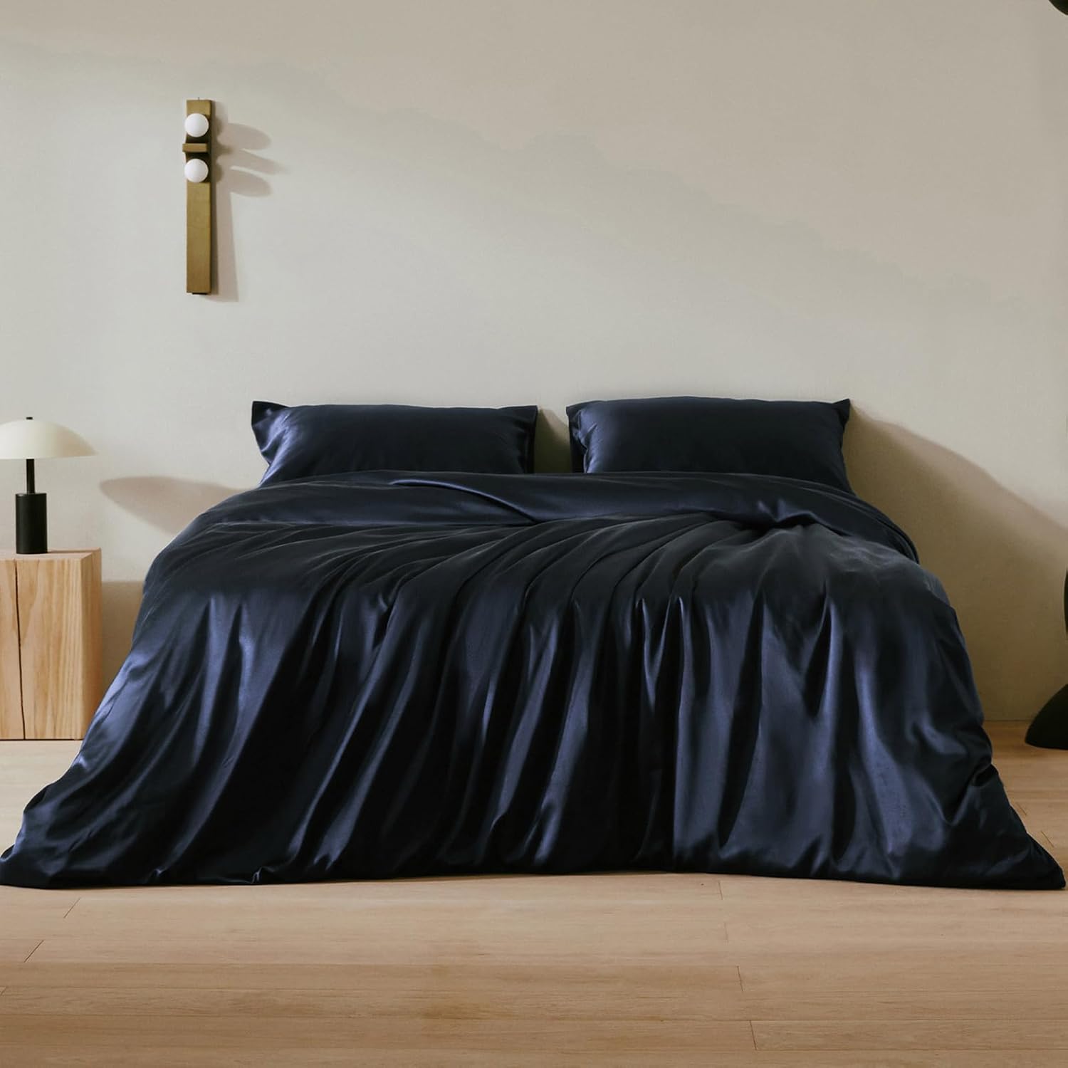 LILYSILK 4Pcs Silk Bedding Sheets Flat Sheet Fitted Sheet Oxford Pillowcases Set 19 Momme Pure Silk (Navy Blue, King)