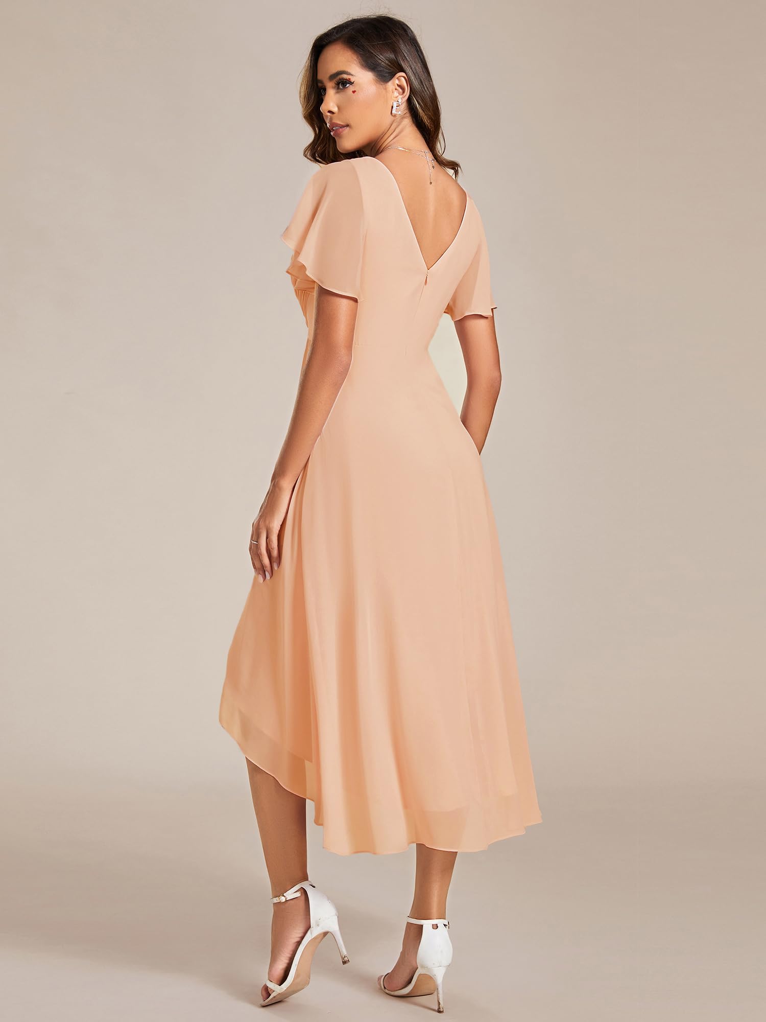 Ever-Pretty Robe trapèze col en V en mousseline de soie manches courtes longueur genou haute taille robes d'invité de mariage pour femmes courbes 01923-DA