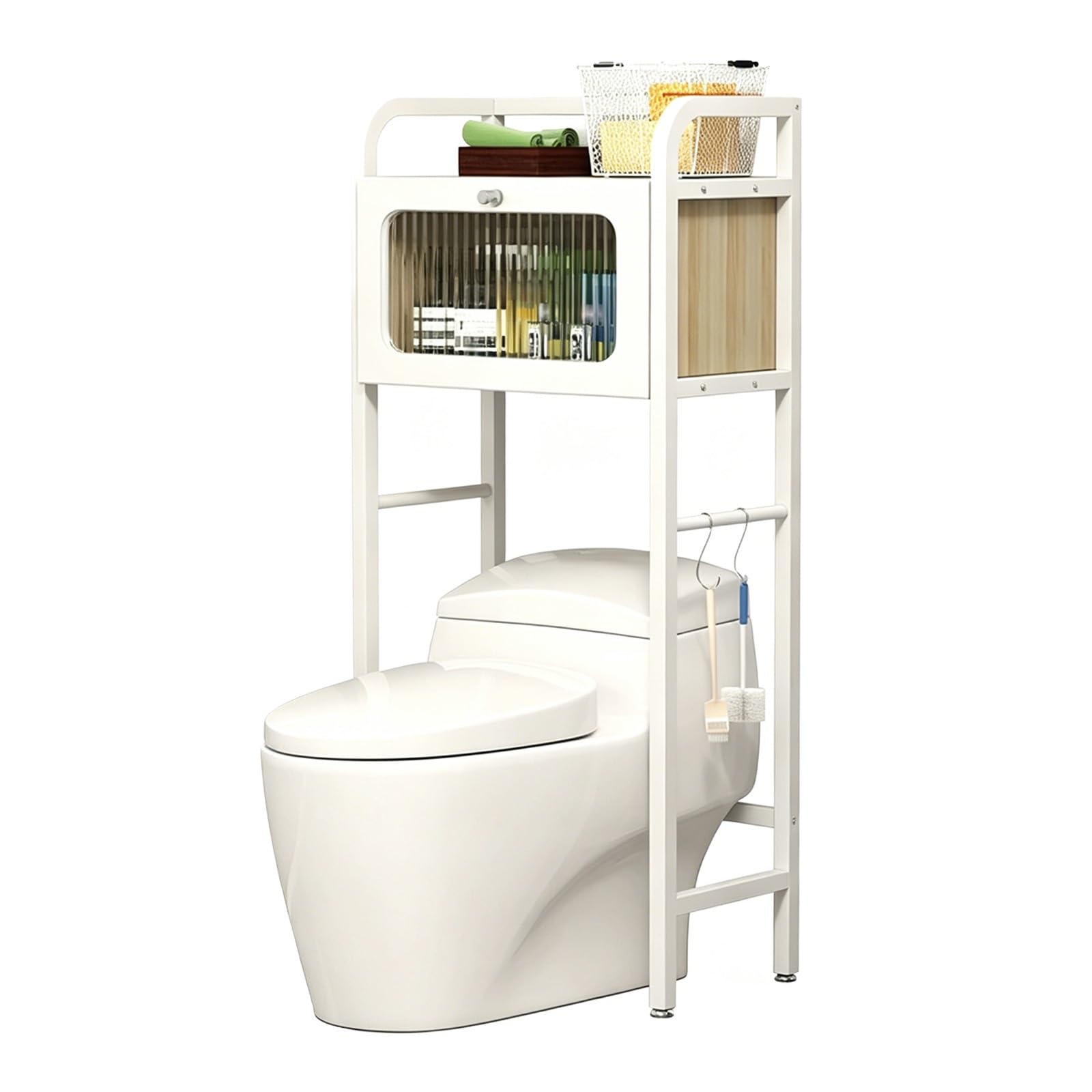 Freestanding Over The Toilet Storage Rack,3-Tier Bathroom Organizer, No Drilling Metal Shelf, Rustproof Space Saver(2-Tier White+Light Walnut 21.7x11.8x53.1in)