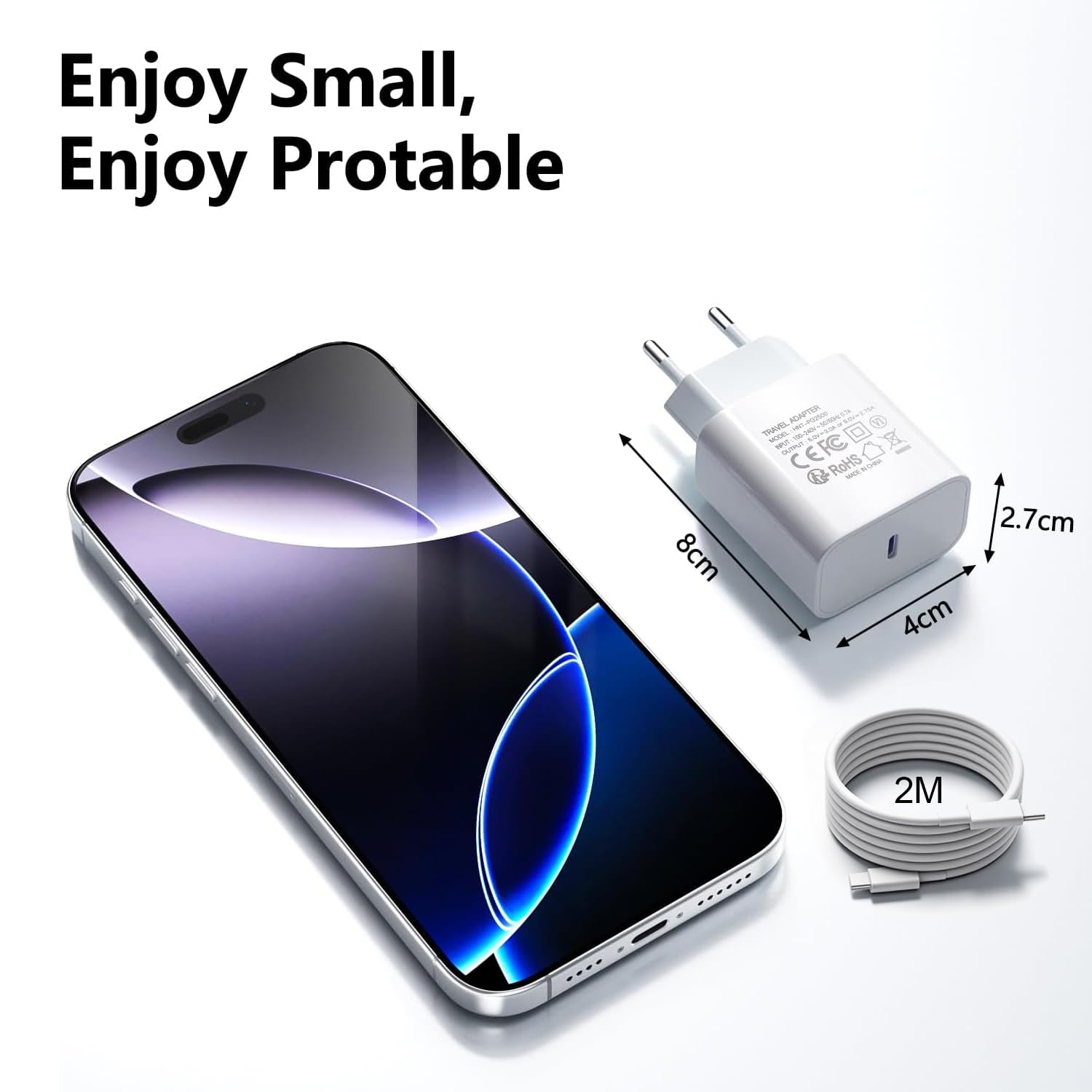 [3 pezzi] Caricatore USB C 25 W, caricabatterie rapido PD3.0 USB C spina tipo C cellulare alimentatore di rete con cavo da 2m, compatibile con iPhone 16/16 Plus/16 Pro Max/15/15 Plus/Galaxy S23