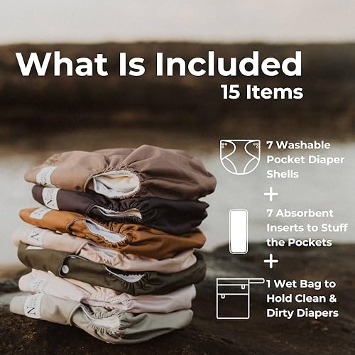 Miniatura 2 de Nora's Nursery Pañales de tela, paquete de 7 con 7 insertos y 1 bolsa para artículos húmedos, funda impermeable, lavable, reutilizable y pañales de
