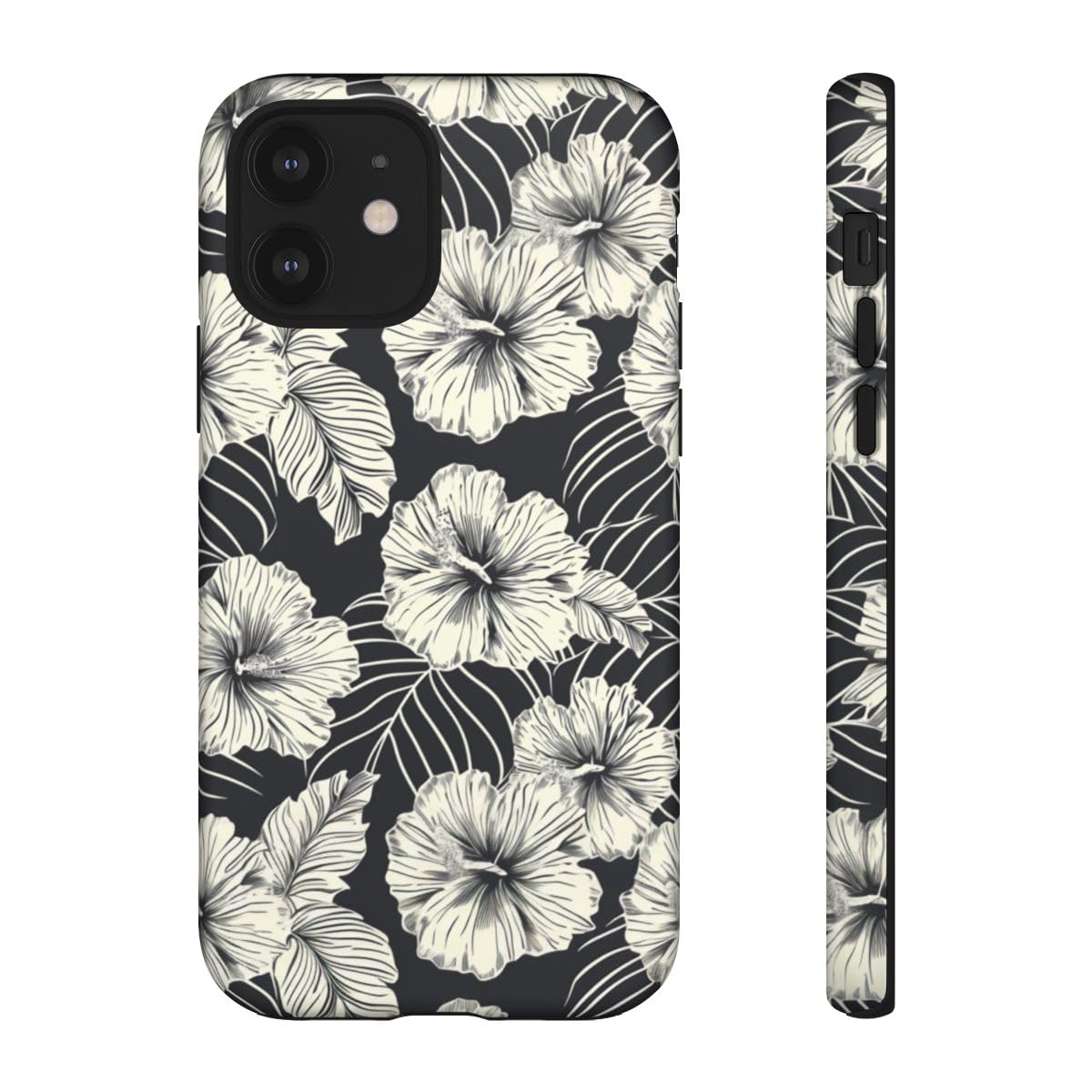 Coque rigide iPhone 12 noire mate avec motif de fleurs monochromes - 2
