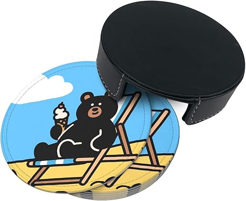 Miniatura 4 de Drink Coasters Set of 6, Black Bear Printed PU Leather Round Coaster with Holder for Outdoor, Office, Bar, Funny Heat-Resistant Home Desk Decor