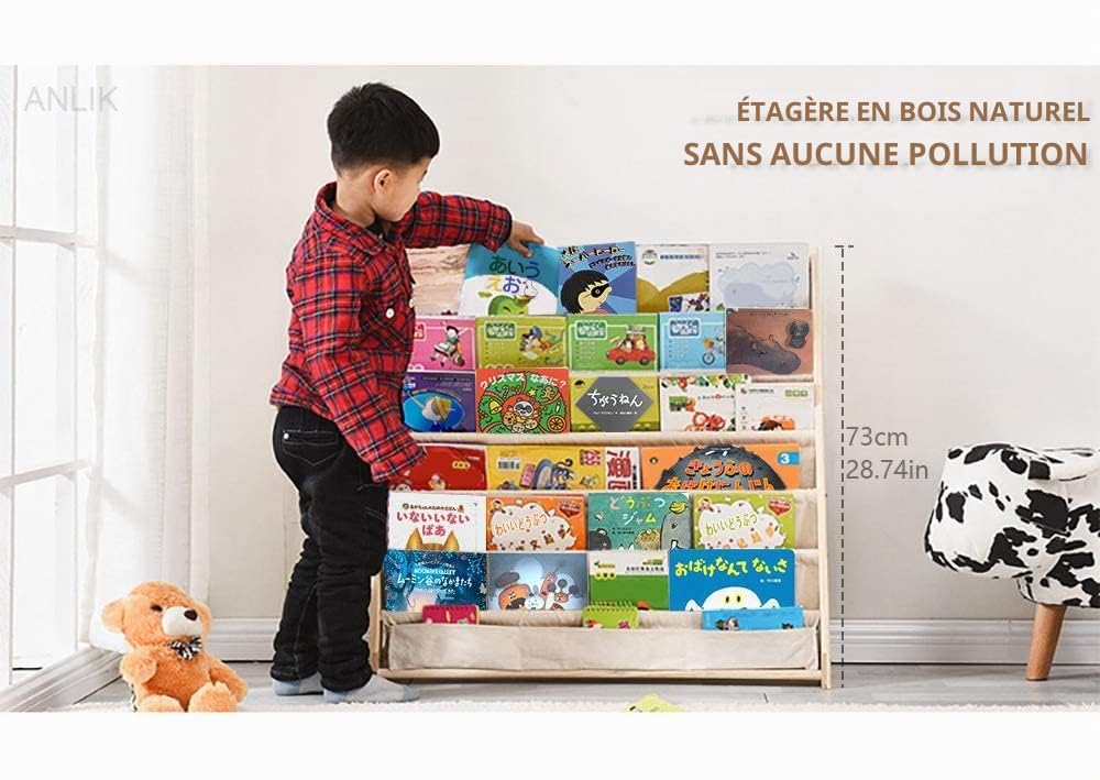 Bibliothèque pour enfants avec poche, 6 niveaux, bois naturel, étagère de rangement pour livres, hauteur parfaite pour lire (60 cm)