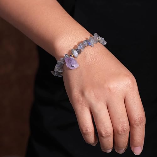 Miniatura 4 de Jewever Chip Reiki - Pulsera de cristal de cuarzo rosa con amatista cruda para mujer, cristales curativos y piedras preciosas para yoga, meditación