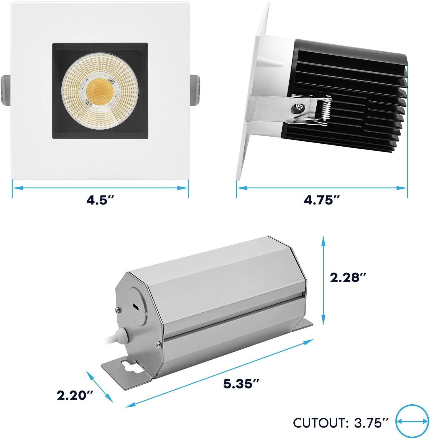 LUXRITE 4 Inch Recessed Light, Regressed Canless LED Spotlight, 5CCT 2700K-5000K CRI90, 22W, 1700 Lumens High Output, 60º Wide Flood, Square Black & White Baffle Trim, Dual Dimmable, IC & Wet (4 Pack)