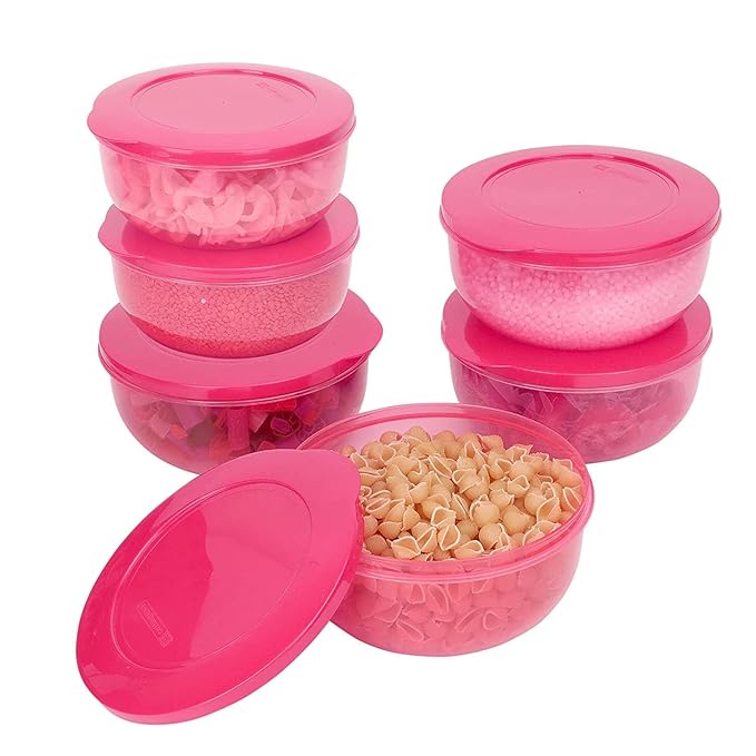 SIMPARTE Eco Storage Plastic Container Set of 6 in 600ml each, BPA-free and leak-proof, stackable and nestable, reusable food organizers for kitchen, pantry, fridge and meal prep (Pink)
