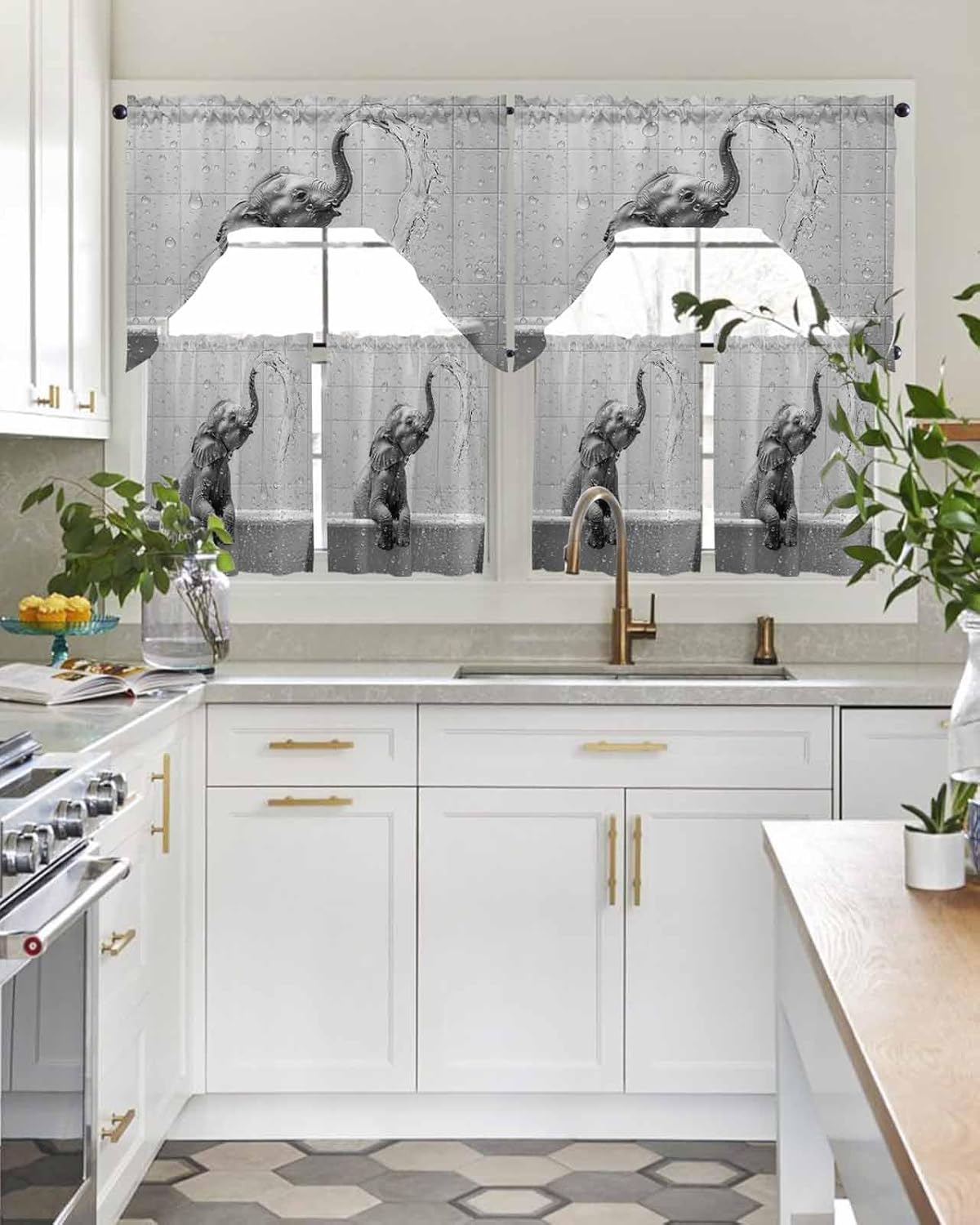 Grey Elephant Kitchen Curtains Sets for Windows 3 Piece, Modern Art Bathtub Kitchen Curtains and Valances Tier Set 24 Inch Length Swag Curtain for Living Room Cafe Bathroom Bedroom