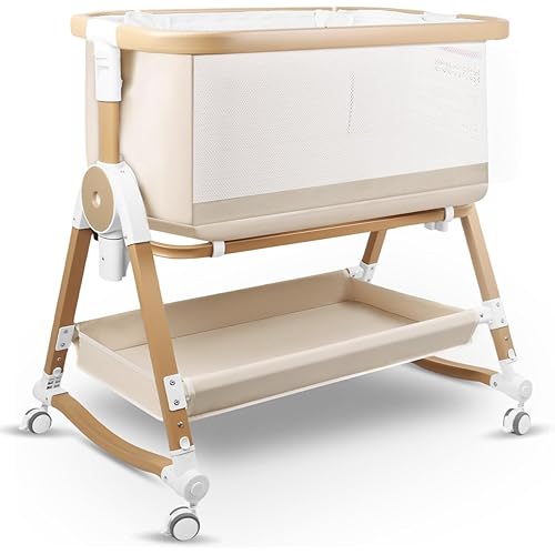 4 in 1 Baby Bassinet, Bassinets Bedside Sleeper with Wheels and Storage Basket, Adjustable 7 Heights Bedside Sleeper with Mosquito Net, Breathable Mesh Rocking Bassinet for Baby