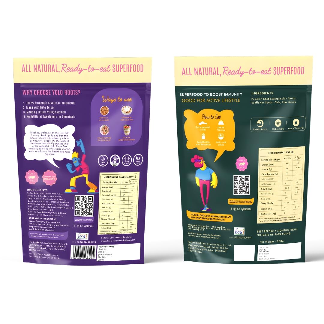 Yolo Roots Fruits & Nuts Muesli 400g & 5-in-1 Seed Mix 200g Combo, No Added Sugar, High Fiber Breakfast Cereal & Superfood Seeds, Healthy Snack with Oats, Almonds & Seeds, Energy Food (Pack of 2)