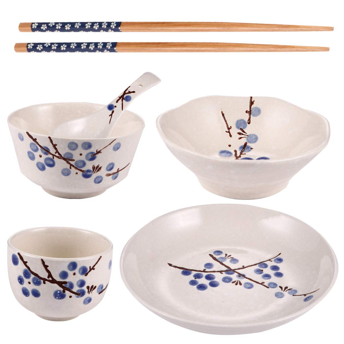Générique Service de Table Japonais 6 pièces en céramique, Assiette, Bol, Tasse, cuillère, Baguettes, Bols à céréales et Nouilles