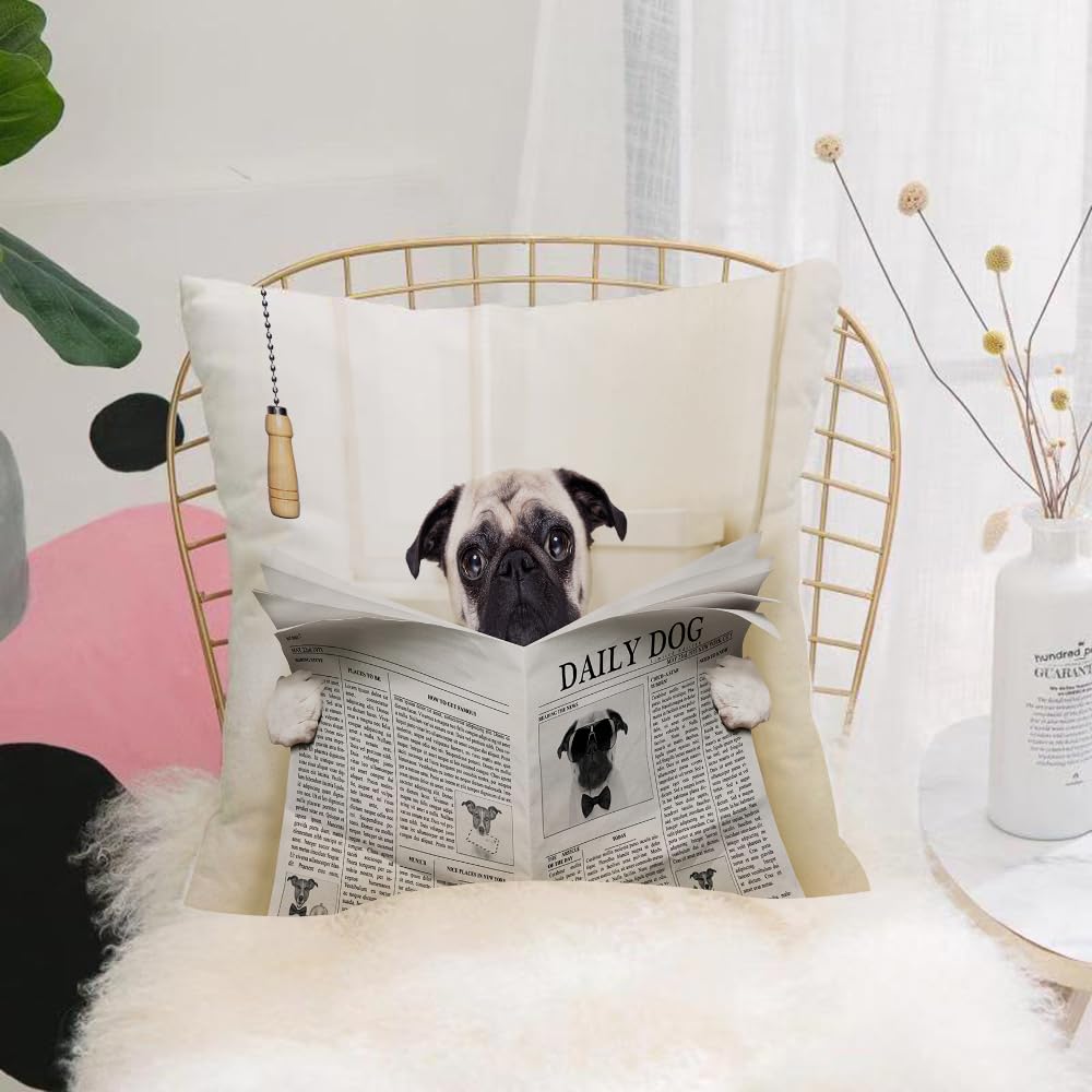 HYOSXW Cushion Cover,Throw Pillow Case Home Decorative for Living Room Bedroom Sofa Chair 16X16 Inch,Pug,Puppy Reading the Newspaper on the Toilet Bathroom Funny Image Pug Jo,Pillowcase 40X40cm