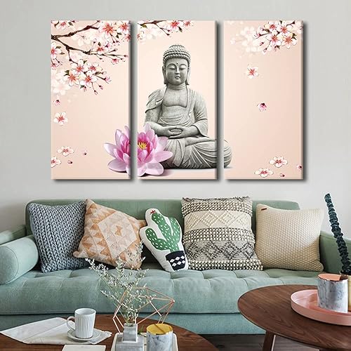 Vista 13 de TUMOVO Wall Art for Living Room Buddha Sculpture Flower Paintings Canvas Wall Art 3 Panel Wall Art Canvas Artwork Wall Decor Large Wall Decor Canvas
