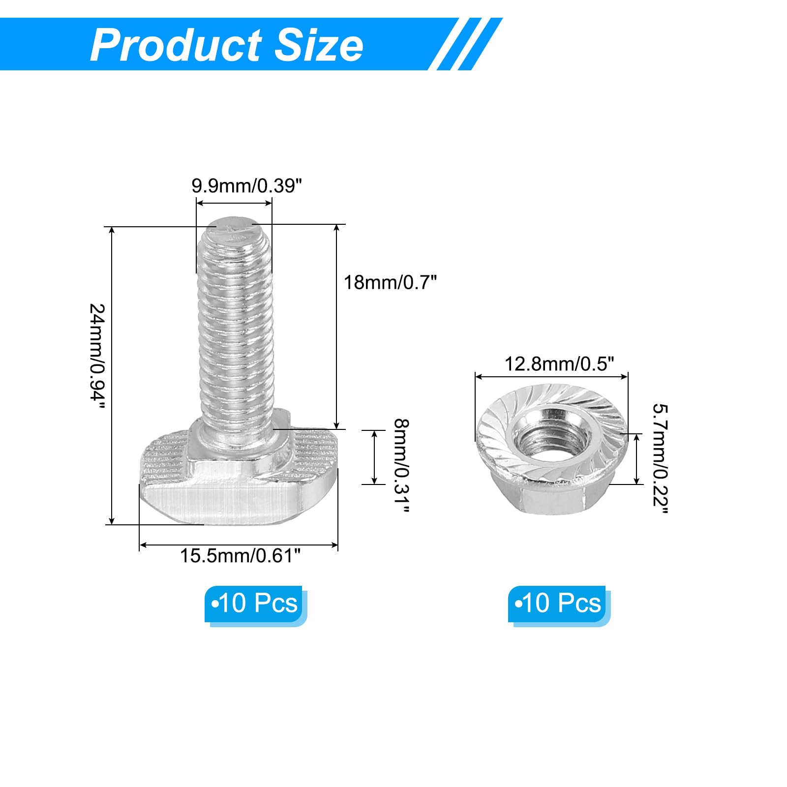 PATIKIL M6x20 Hammer Head Bolt T Screw, 10 Pcs T Slot Drop in Bolt Hammer Head Bolts with 10 Pcs Hexagon Flange Nuts for 2020 Series European Standard Aluminum Profile - Image 2