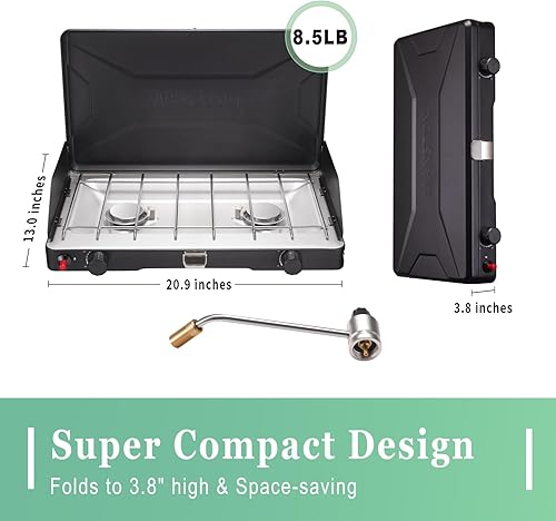 Miniatura 8 de VANSTON Estufa de camping de propano de 2 quemadores, 20,000 BTU en total, parrilla portátil de gas para campamento, estufa con quemadores