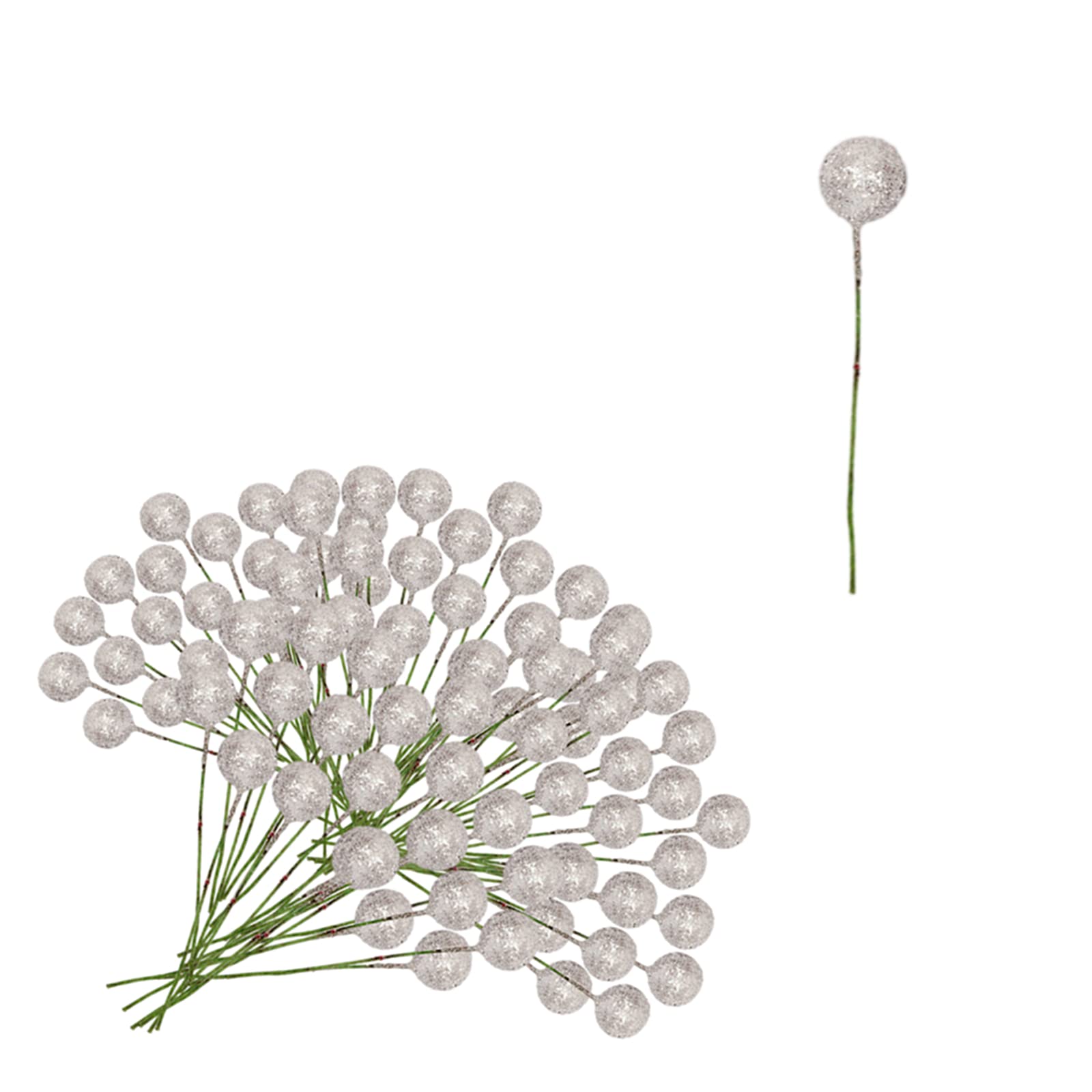 100pcs Christmas Artificial Silver Holly Berries,Glitter Berry Twig Stem Artificial Berry Fruits Picks Berry Branches Winter Berries Bunch for Christmas Wreath Making Xmas Tree Decorations Supplies
