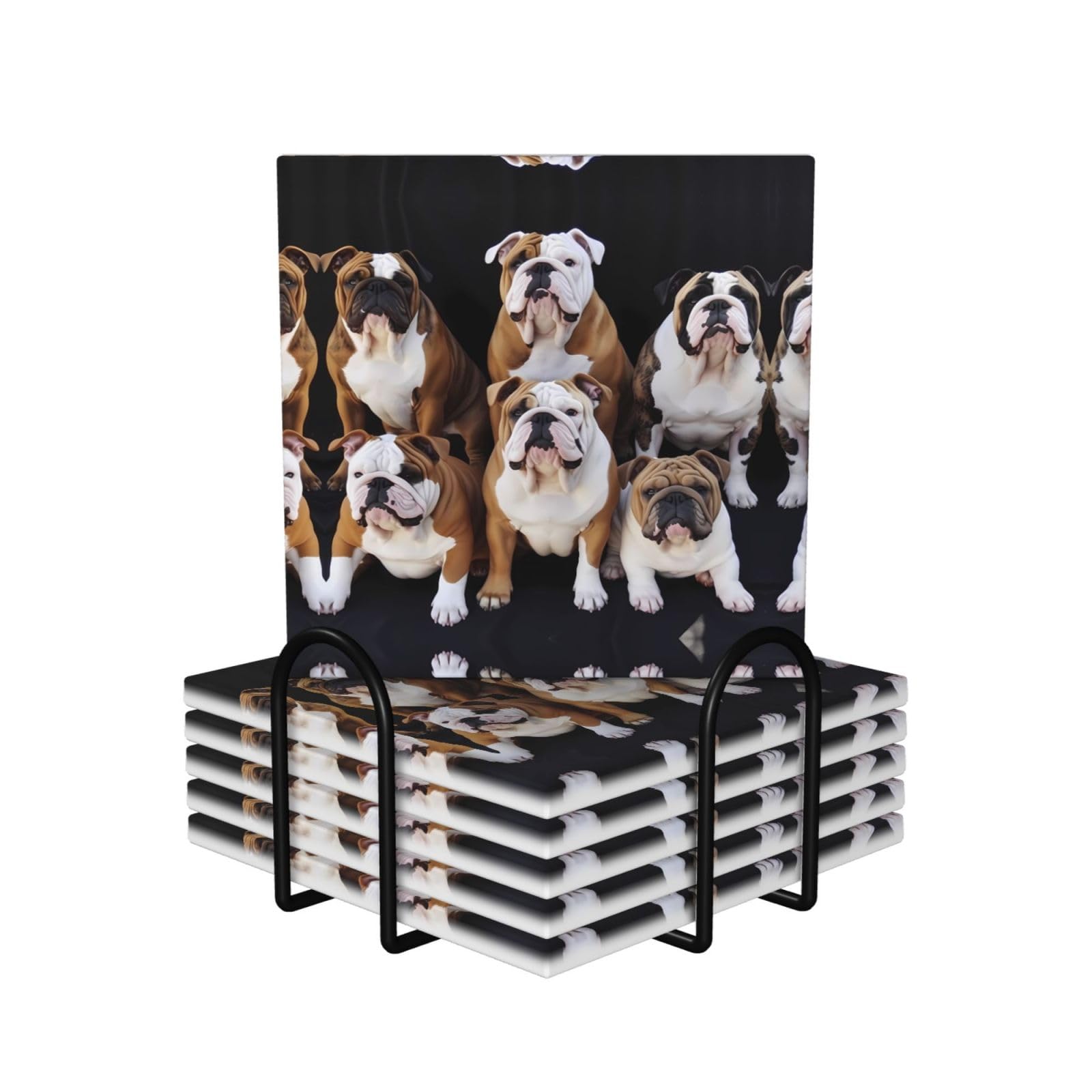 English Bulldogs Print Coasters for Drinks Set of 6 with Holder Cork Base Cup Coaster Absorbent Ceramic Cup Mat for Home Dining Room Decor