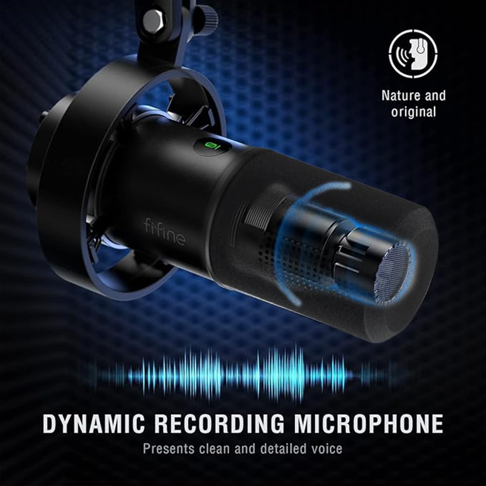 Fifine Dynamic, XLR/USB mikrofon do nagrywania podcastów PC do strumieniowego przesyłania głosu, gier, metalowy mikrofon z wyciszeniem mikrofonu, gniazdo słuchawkowe, regulacja głośności