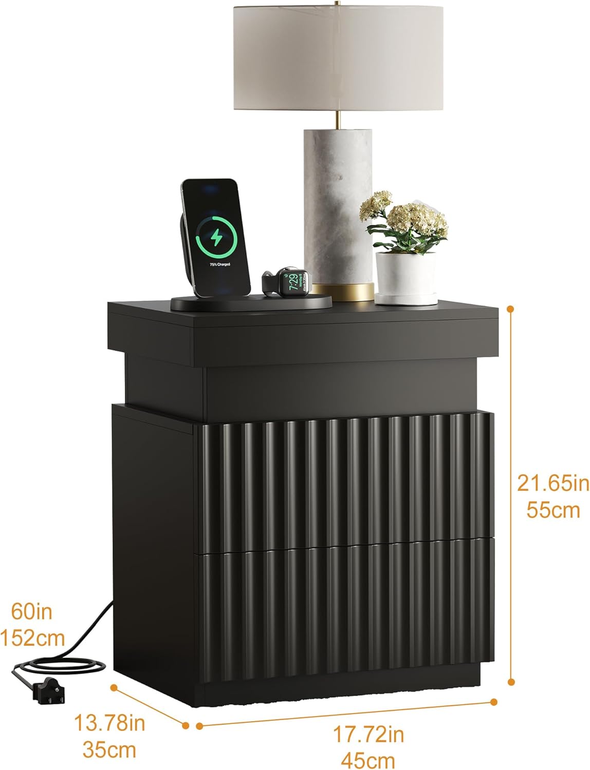 Nightstand Set of 2 Black Nightstand with Charging Station LED Night Stands with Drawers Modern Bedside Table with Sliding Top Night Table Fluted End Tables for Bedroom, Apartment, Dorm