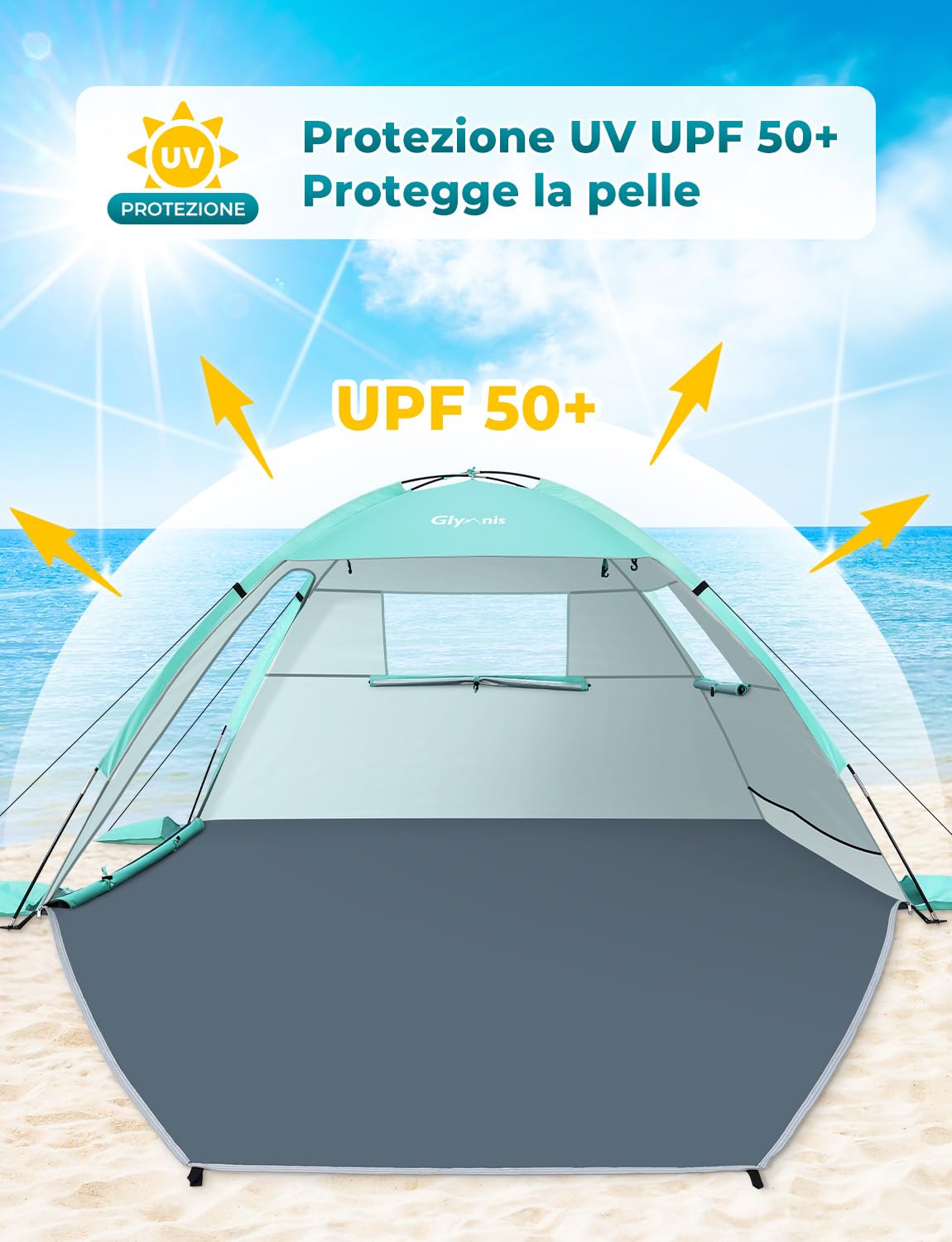Glymnis Tenda da Spiaggia Portatile con Cerniera, UPF 50+, 2-4 Persone | Chiusura Cerniera Completa, Facile Montaggio, Leggera Portatile