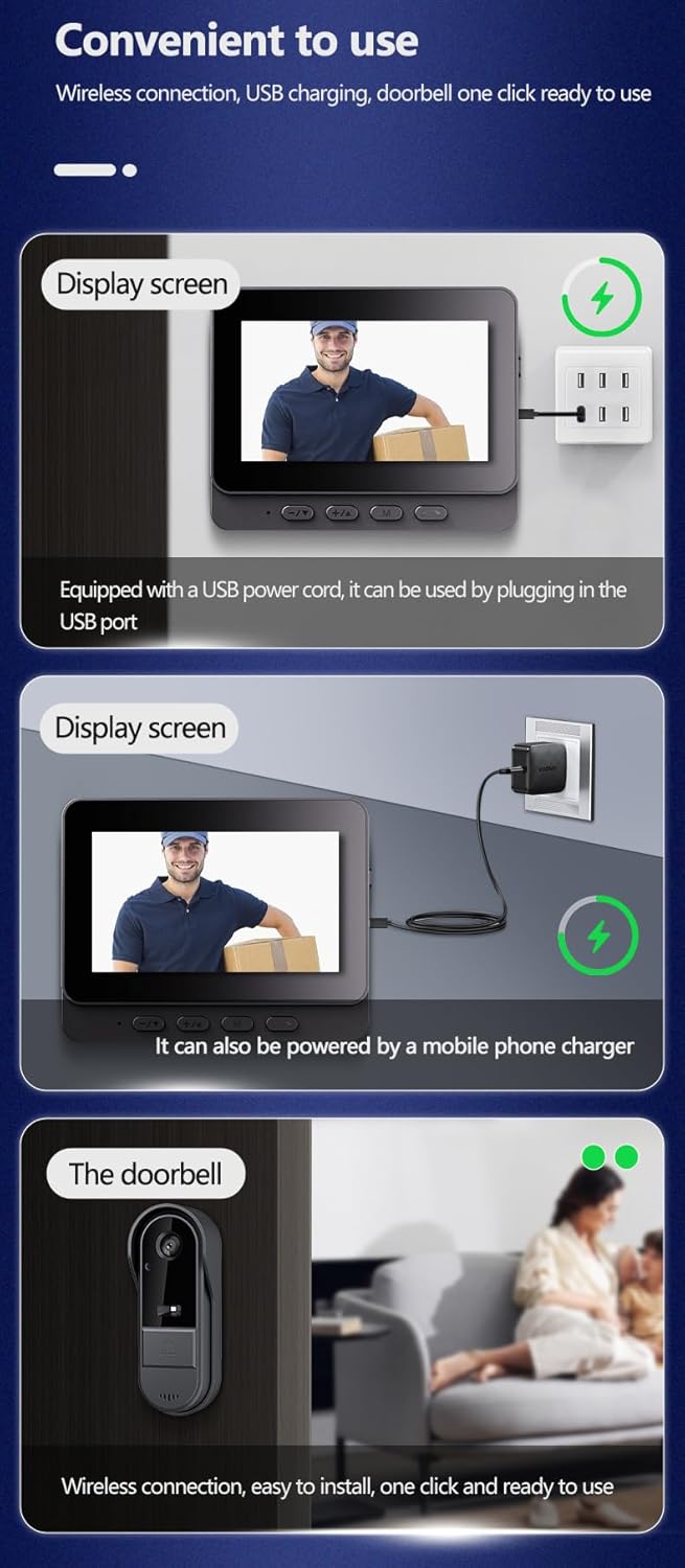 Doorbell Camera Wireless No Subscription Video Door Bell with Wired Screen Two-Way Audio 170° Angle Wide Camera Night Vision IP65 Waterproof for Outdoor No APP No WiFi,Easy to Use for Elder